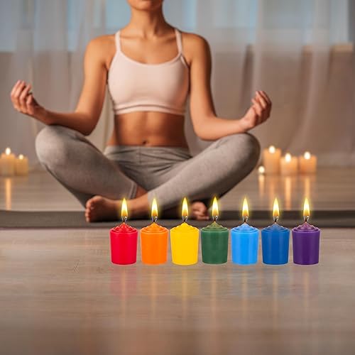 Miniatura 5 de Mega Candles 7 velas votivas de chakras sin perfume, vertidas a mano, velas de cera de primera calidad, 15 horas, 1.5 pulgadas x 2.25 pulgadas, 100%