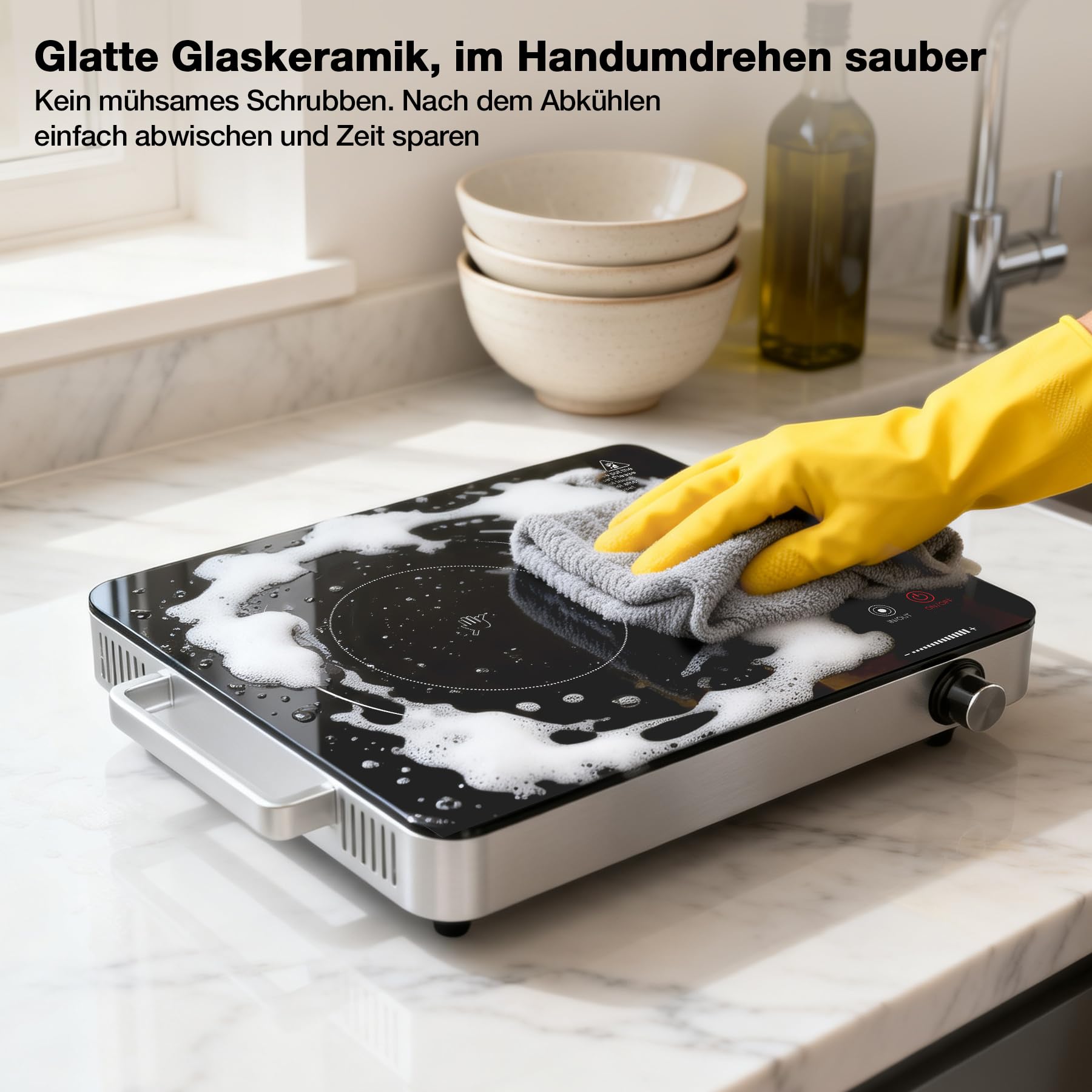 Glaskeramikkochfeld 2000W, Tragbare Kochplatte Elektrisch 1er 36 cm mit Isolierten Griffen, 4 Kochmodi & 4H-Timer, Kochplatte Infrarot für Alle Töpfe, Tisch, Balkon und Camping