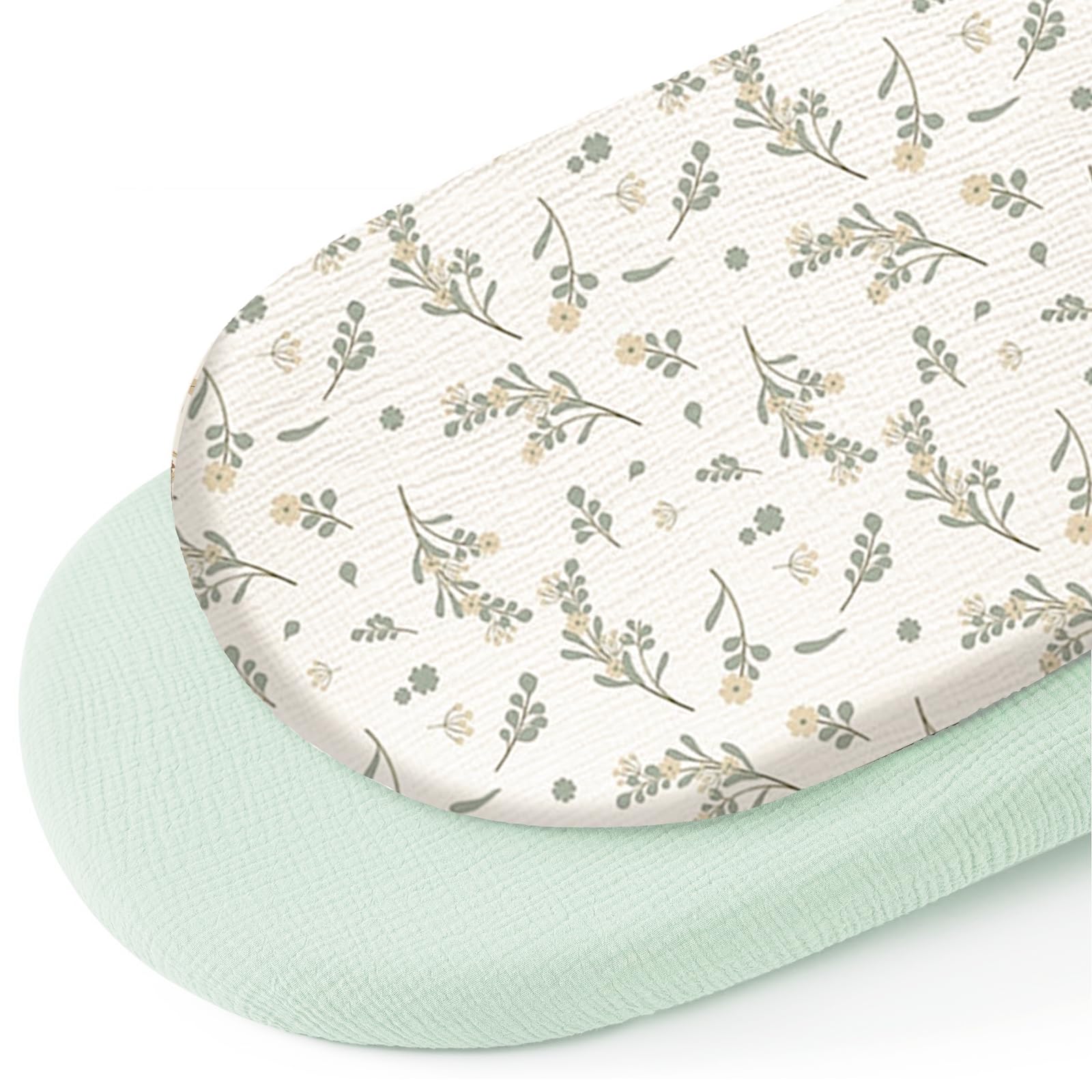 Watproofit Musselin-Baumwolle Spannbettlaken 80x40cm, Kinderwagen & Stubenwagen Matratzenbezug, 2er Pack für Moseskorb & Babybett (grüne Blume)