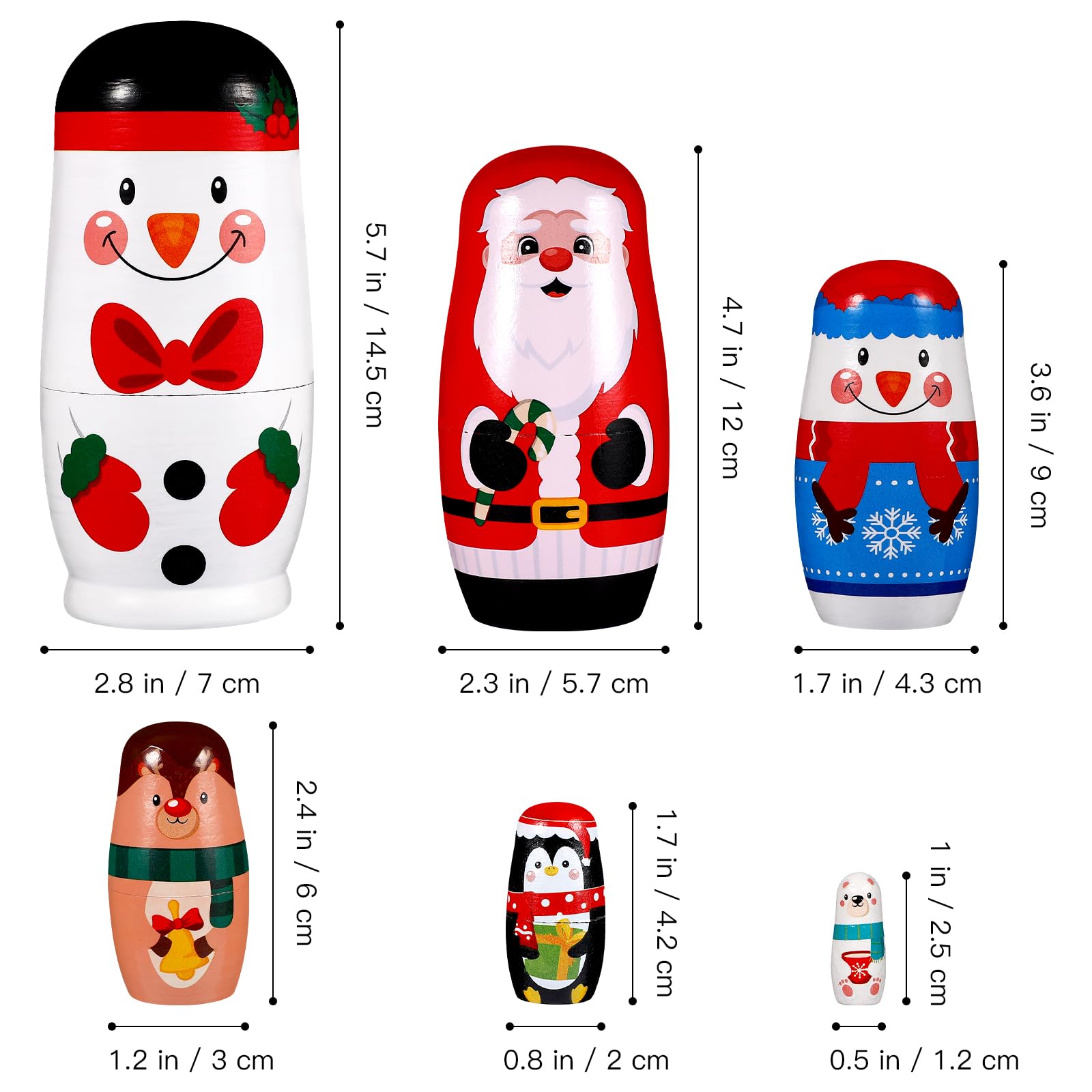 6 Pcs Noël Poupées Russes Poupées empilables en Bois Faites à la Main Poupées Russes gigognes Poupées Matryoshka Jouet pour la décoration de Noël Enfants Anniversaire Fête Cadeaux