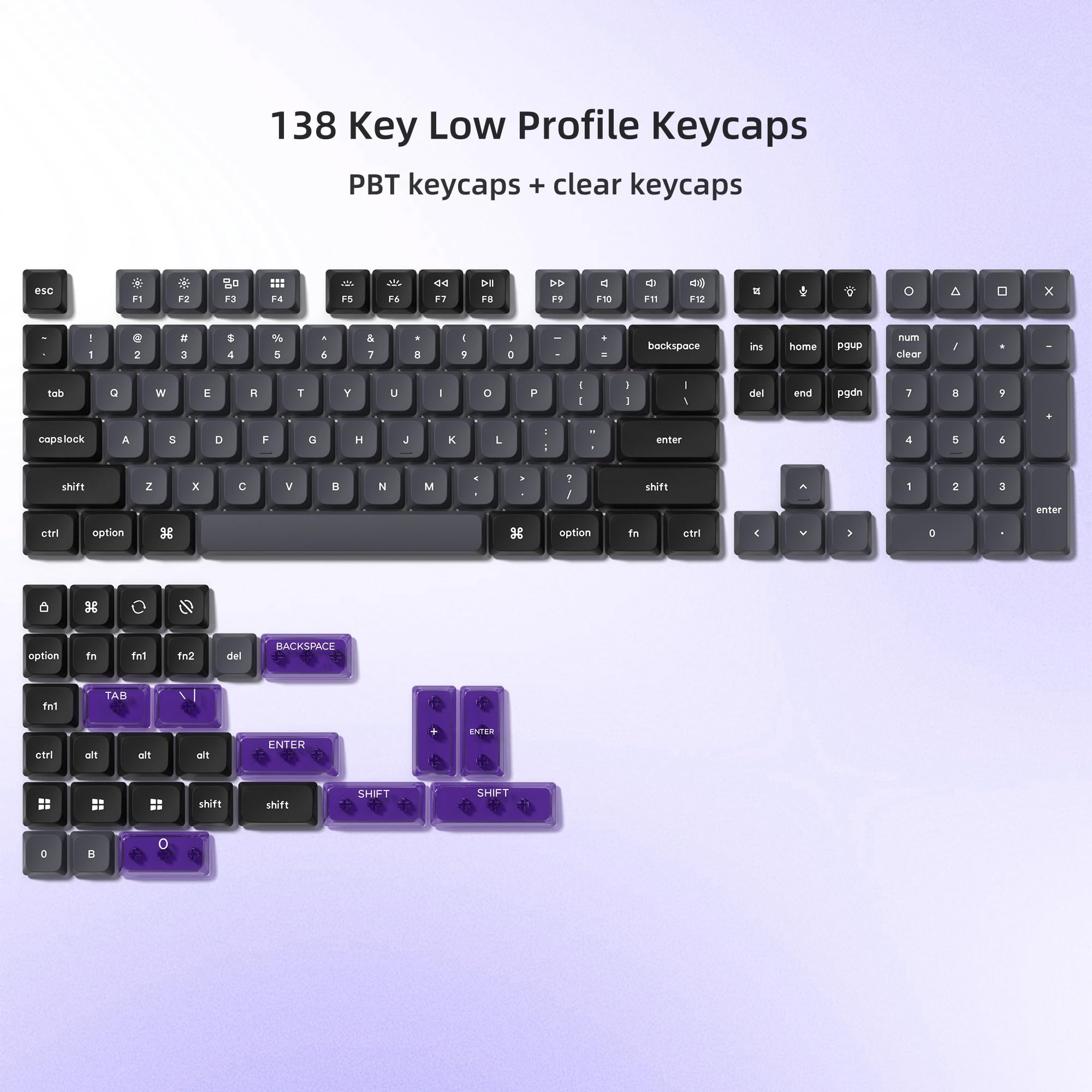 Low Profile Keycaps, Double Shot PBT Touches 60 75 100%, PC Transparent Gris foncé/Violet pour la Plupart des commutateurs MX Clavier mécanique (Touches Uniquement)