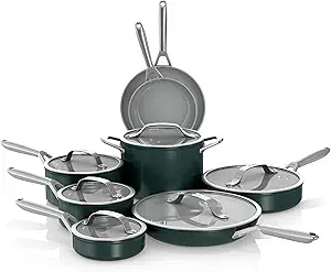 Ninja Ceramic Pro 11-Piece Cookware Set, Non-Stick Pots & Pans Set with Glass Lids, Nontoxic, PTFE Free, Ceramic Coated, Oven Safe, All Stovetops & Induction Compatible, British Racing Green CW39011GN