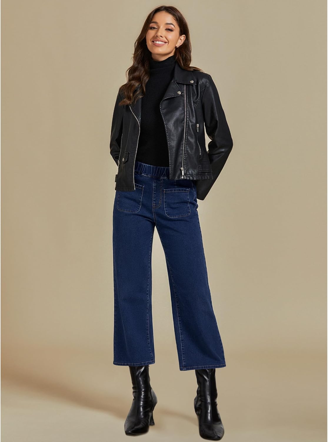 luvamia Wide Leg Jeans for Women Pull On Trendy High Waisted Cropped Jeans Denim Pants Stretchy Baggy with Patch Pockets - Image 4