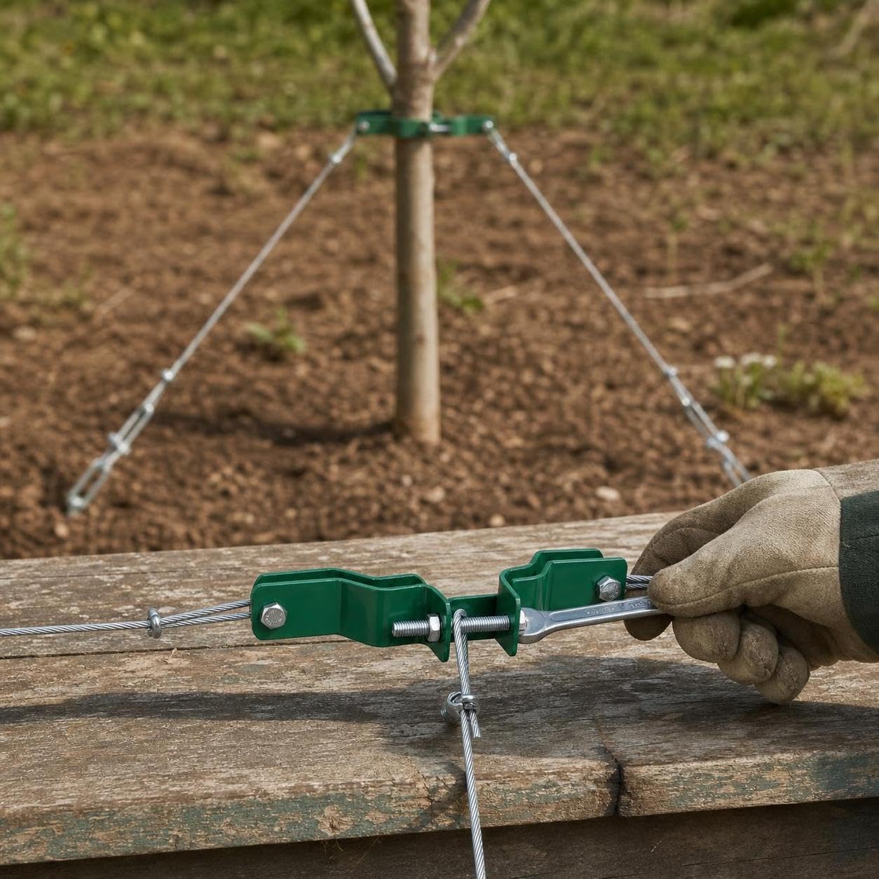 Kit Fijación para Árboles con Cuerda Metálica y Tensores - Protege Árboles Inclinados y Recién para Jardines, Color Original galvanizado, 3 Metros