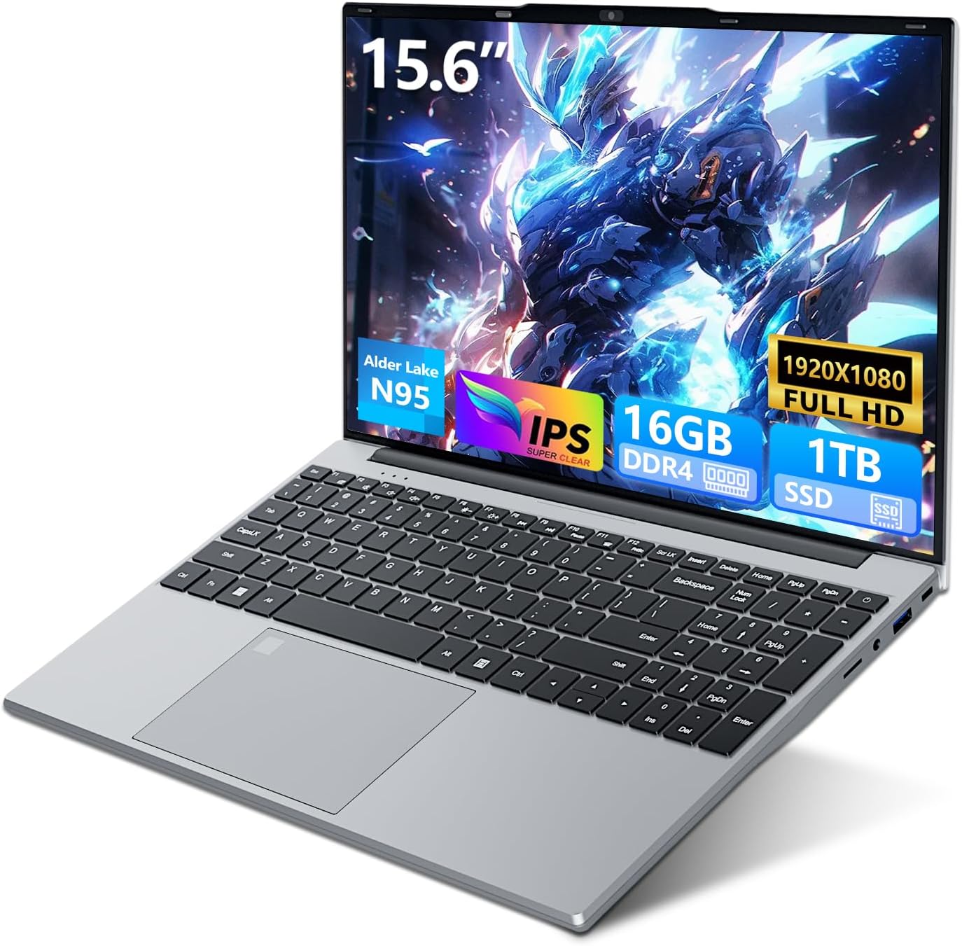 15.6″ FHD IPS Laptop with Celeron N95 Processor, 16GB RAM 1TB SSD, Win 11 PC Laptop with Backlit Keyboard and Fingerprint Recognition, Laptop USB3.0, HDMI, Wi-FI5, BT4.2, 5000mAh