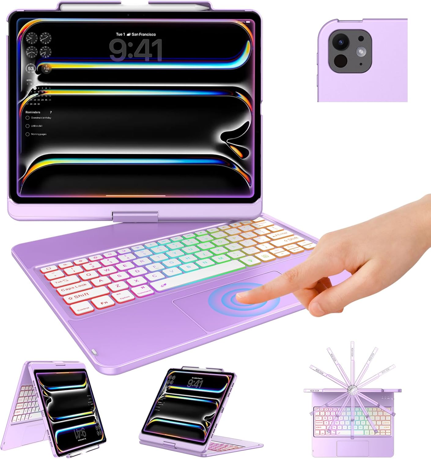 TQQ iPad Pro 13-inch Case with Keyboard (M5 2025 / M4 2024), iPad Pro 13 Keyboard Case with Pencil Holder, Multi-Touch Trackpad, 360° Rotatable, 7-Color Backlit, Thin & Light (Purple)