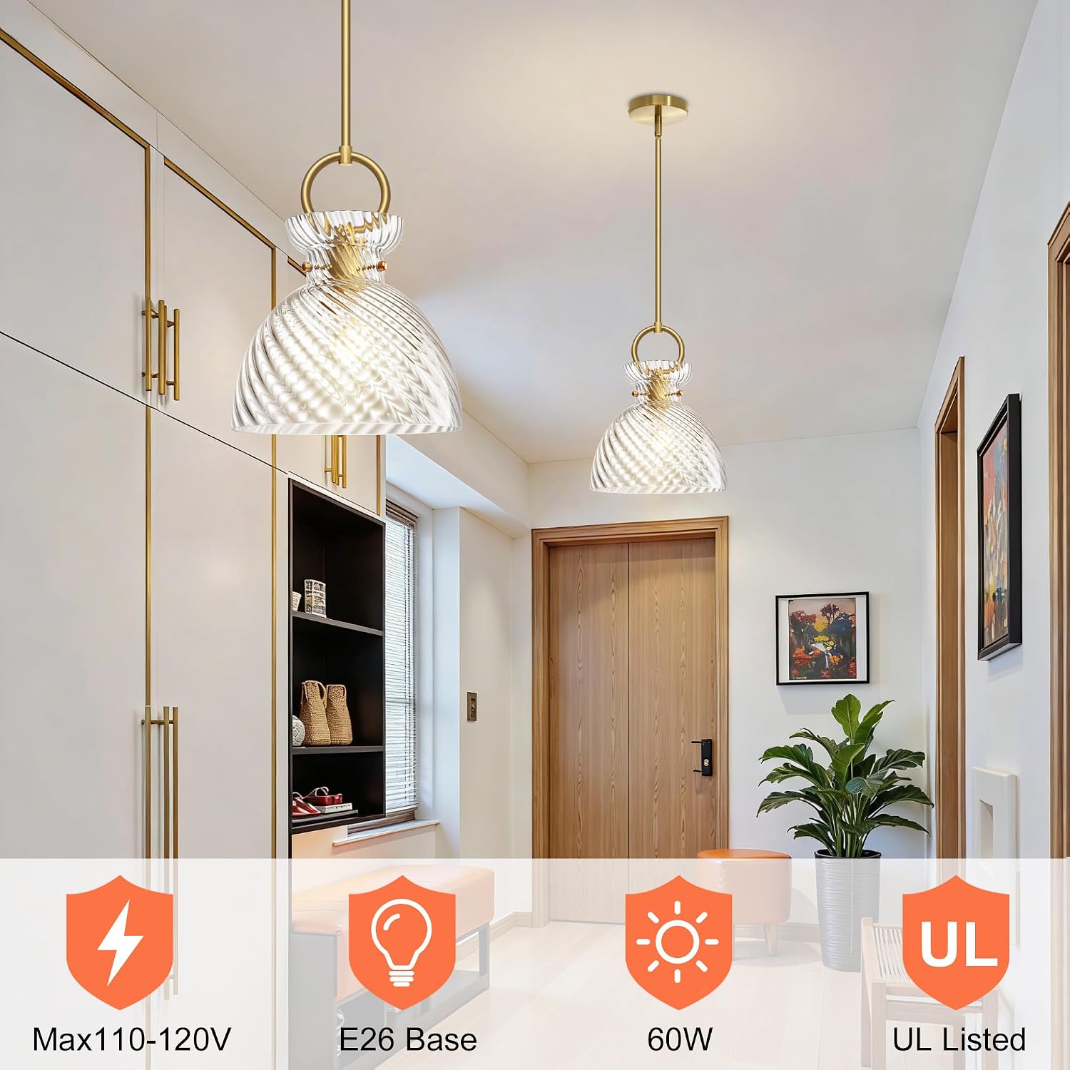 Glass Pendant Light Kitchen Island, Modern Pendant Lighting Over Sink, Adjustable Hanging Ceiling Light with 9.84'' Striped Glass Shade for Dining Room Bedroom Hallway, Gold, Single Pack