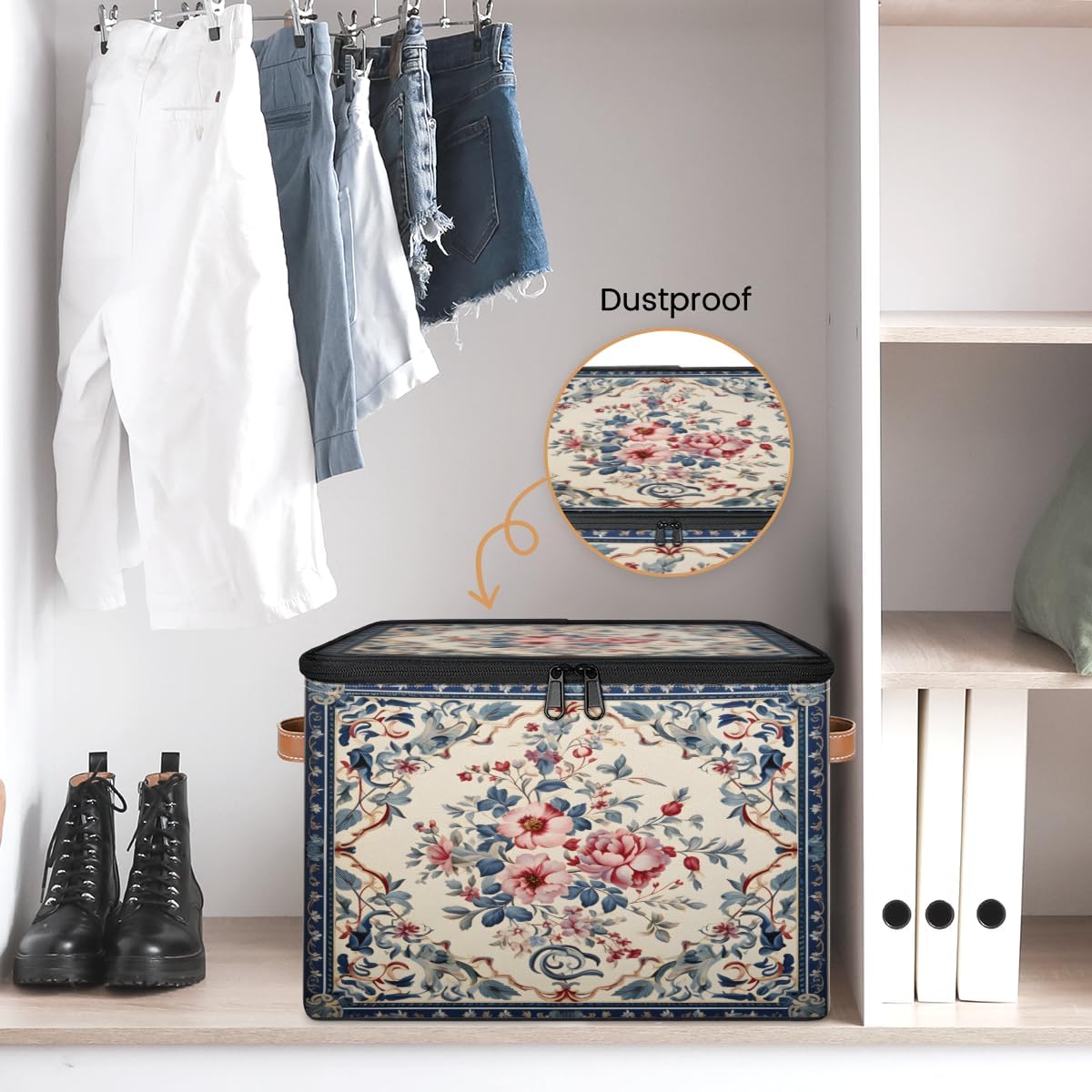 Storage Bin Set of 2 Retro Ethnic Flower Storage Basket with Zipper Lid & Handle Foldable Closet Shelf 2 Pack Cloth Organizer Basket Cube Bins Clothes Organizer for Bedroom, Nursery