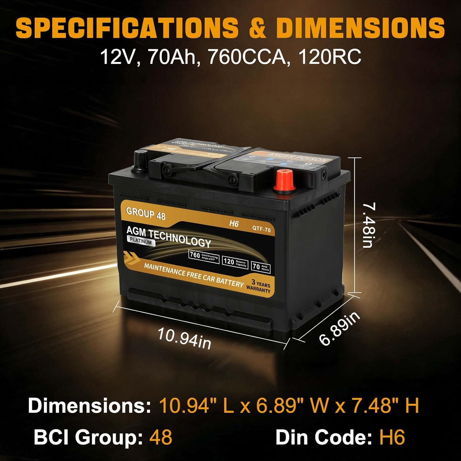 Platinum AGM Car Battery Group Size 48 H6, 12V 70Ah, 760 CCA, 120 RC, Rechargeable Start-Stop Automotive Battery with 36-Month Warranty