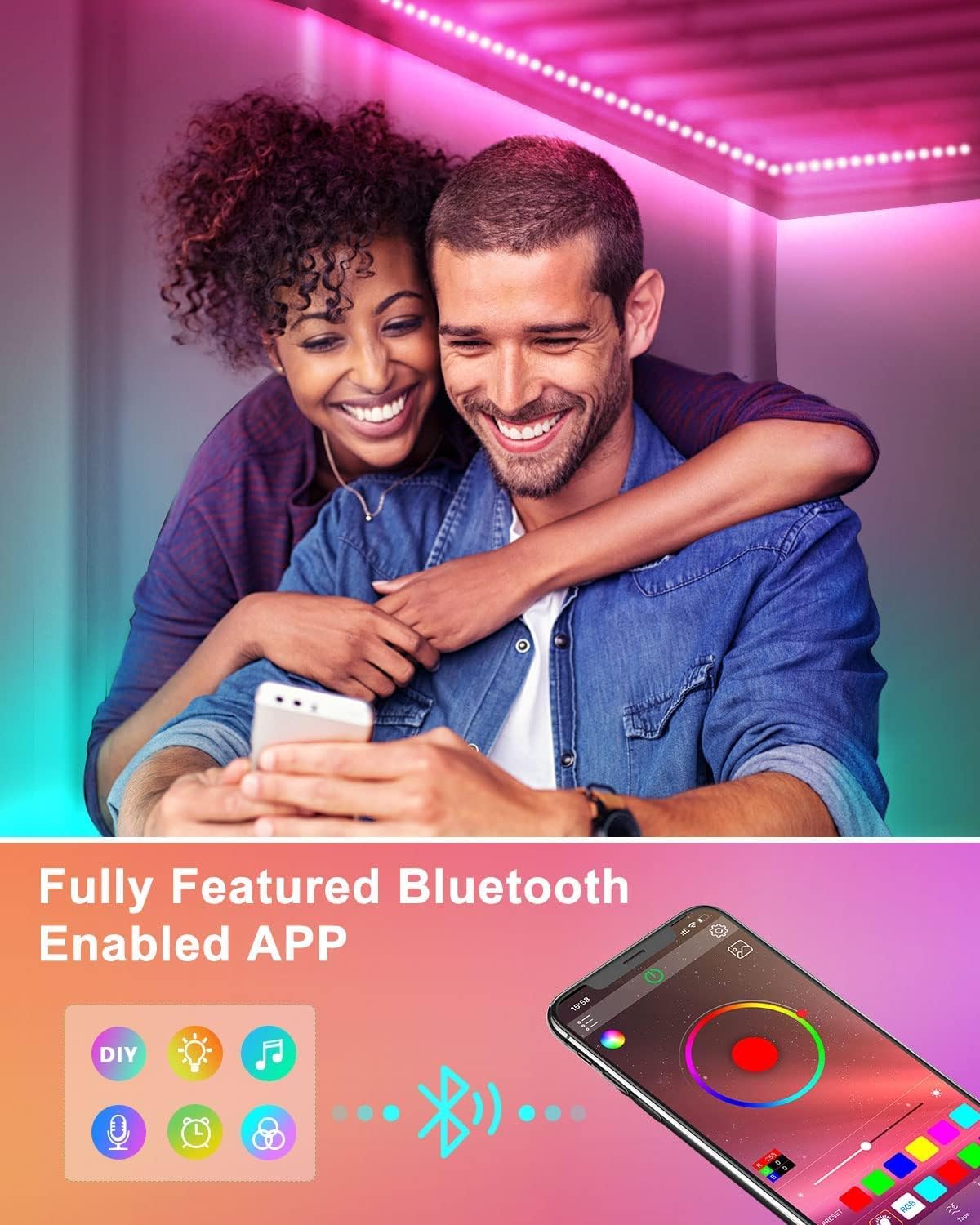 Sxlofty 33ft Waterproof Led Light Strips, RGB Outdoor Led Strip Lights Waterproof Color Changing 5050 RGB with Bluetooth Music Sync App Remote Controller for Bedroom, Kitchen, TV, Party, Christmas