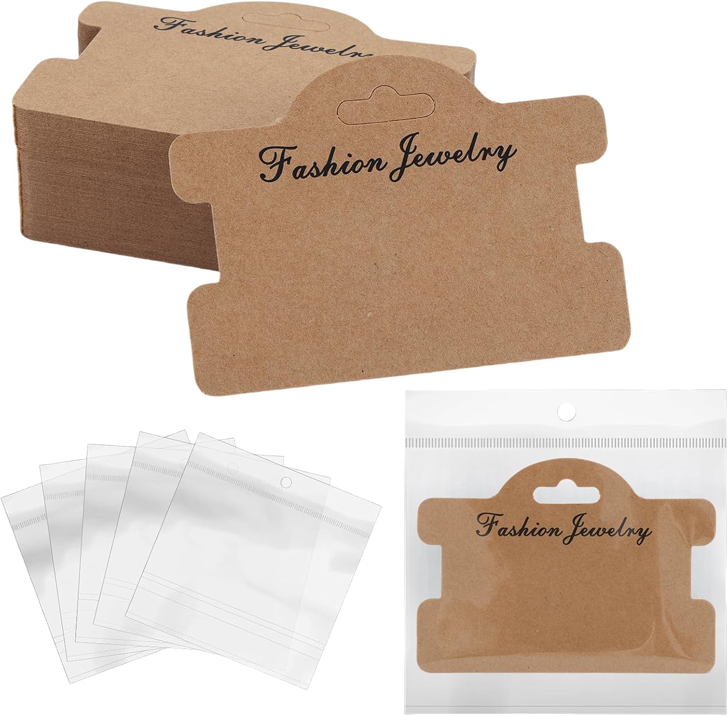WELLAIMDO 100 Pcs Bracelet Display Cards, 3.94'' x 2.83'' Jewelry Display Hanging Cards with Self-Sealing Bags, Bracelet Packaging Necklace Cards for Earrings, Jewelry (Brown)