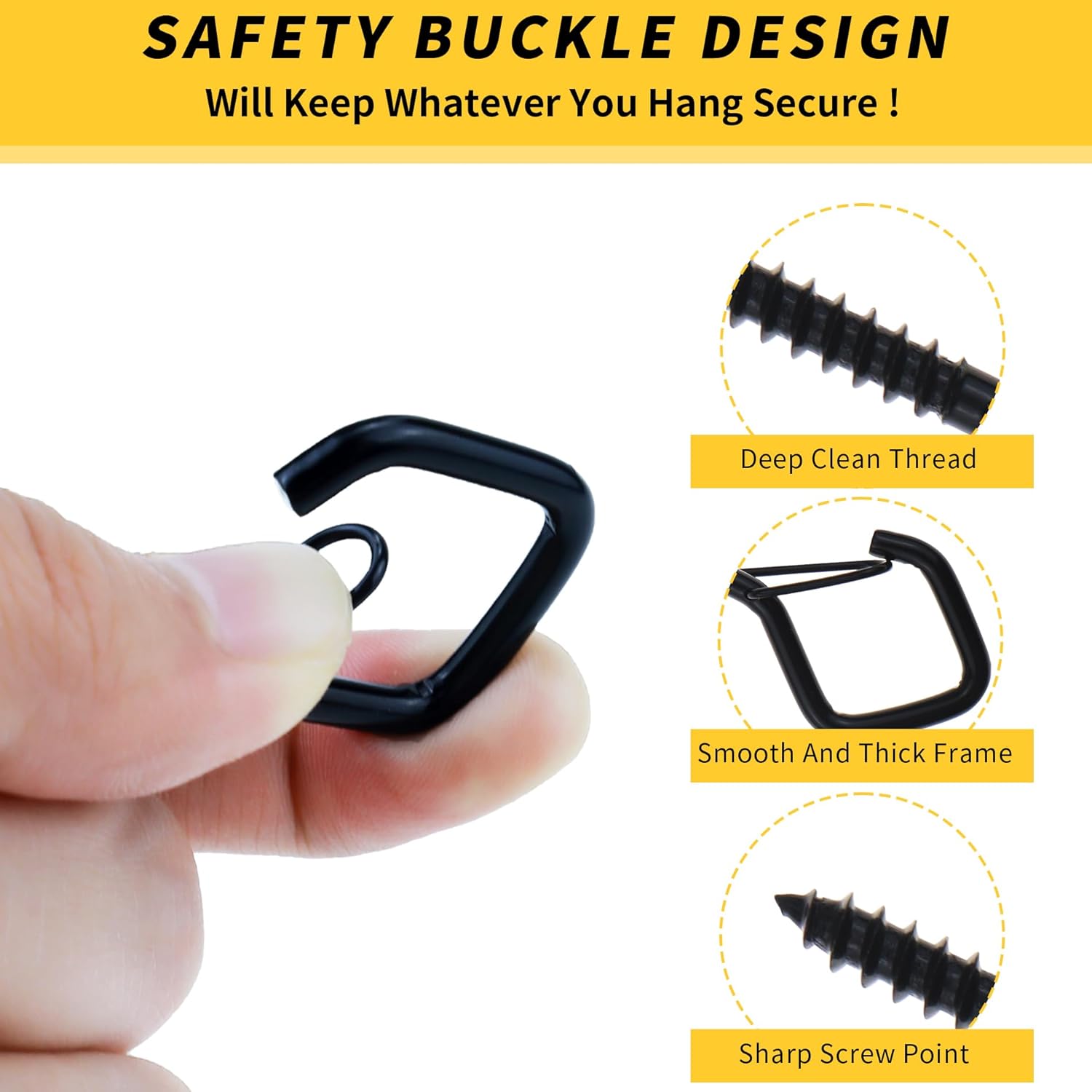 CADONO 30 PCS Cup Screw-in Hanger Hooks with Safety Buckle, Windproof Screw Hooks Perfect for Hanging Outdoor String Lights, Plants, and Patio Lights,for Ceiling and Wall Mount, 2.2 Inches in Black