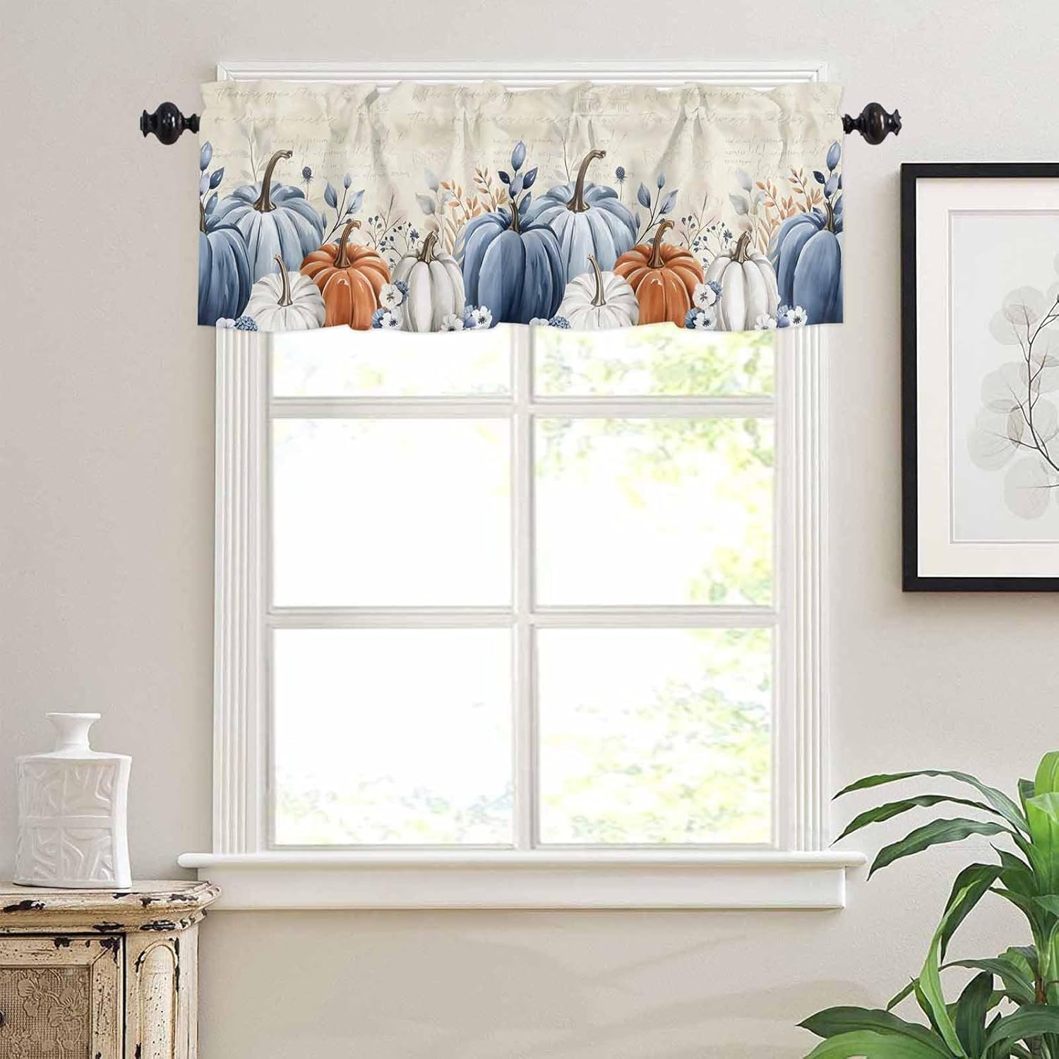 Blue Grey Pumpkin Fall Kitchen Curtains Set Half Curtains 36 Inches Length, Thanksgiving Rustic Tier Curtain and Valance Set, Maple Leaf Botanical Window Treatment Draperies for Cafe Bathroom Bedroom