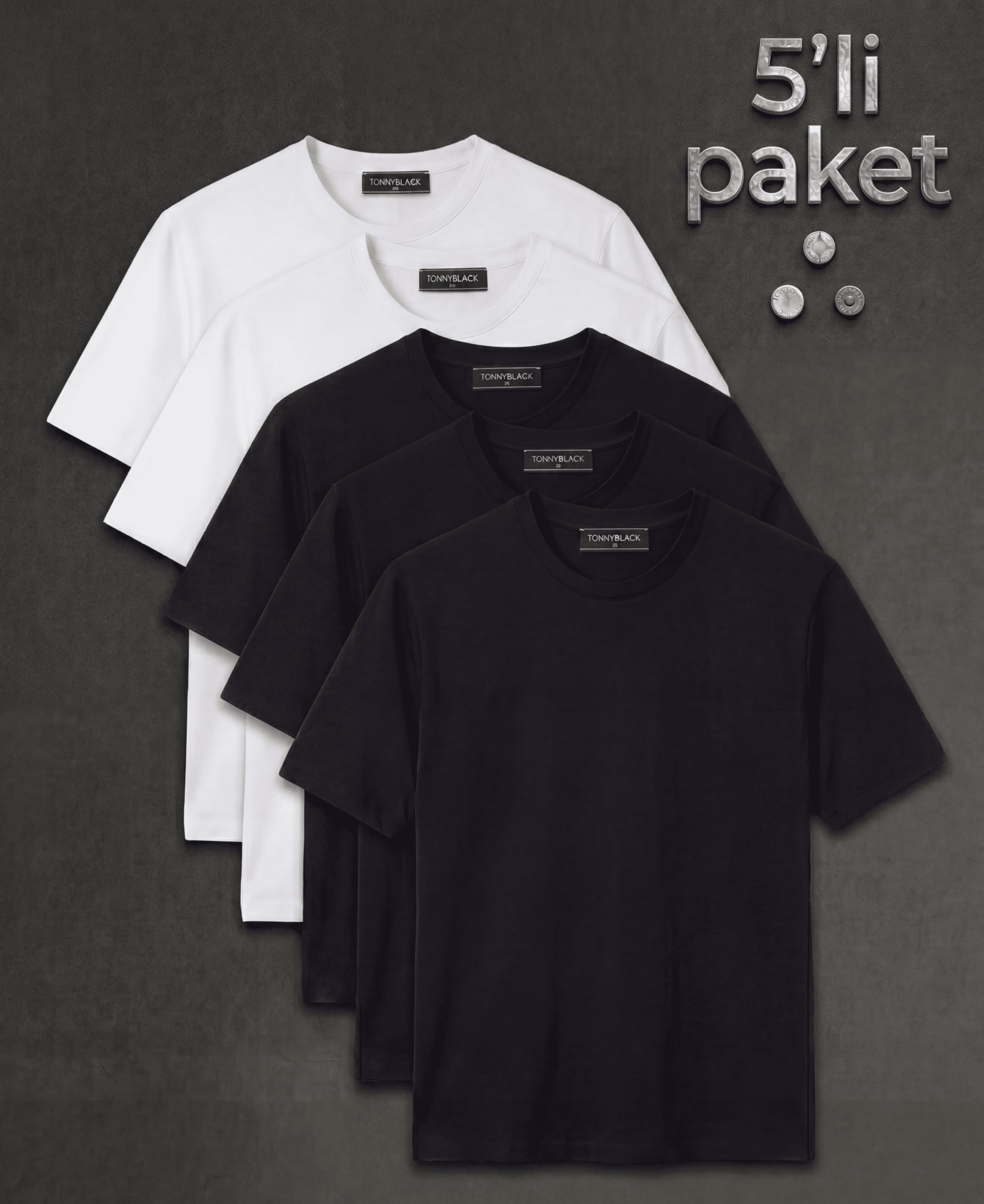 Tonny Black Erkek Tişört 5'li Paket Pamuk Bisiklet Yaka Günlük
