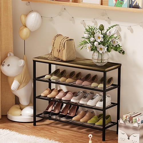 Miniatura 6 de Zapatero de metal de 4 niveles con parte superior de madera, organizador de zapatos duradero y que ahorra espacio, organizador de zapatos