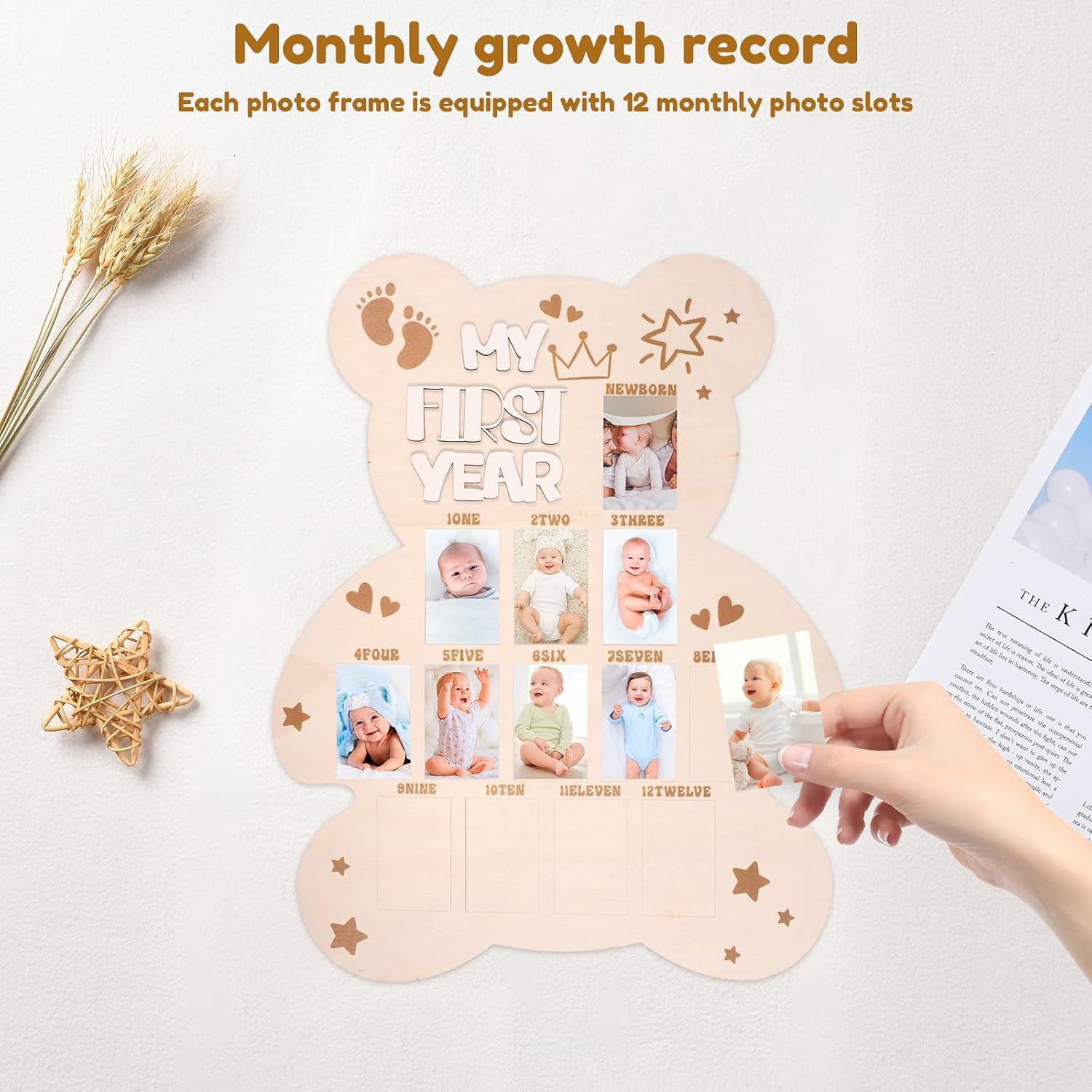 2 Pcs My First Year Picture Frame One Year Birthday Photo Display Wood Board Baby's First Twelve Months Photo Collage and Gender Neutral Keepsake 1st Birthday Decorations Nursery Decor for Boy Girl