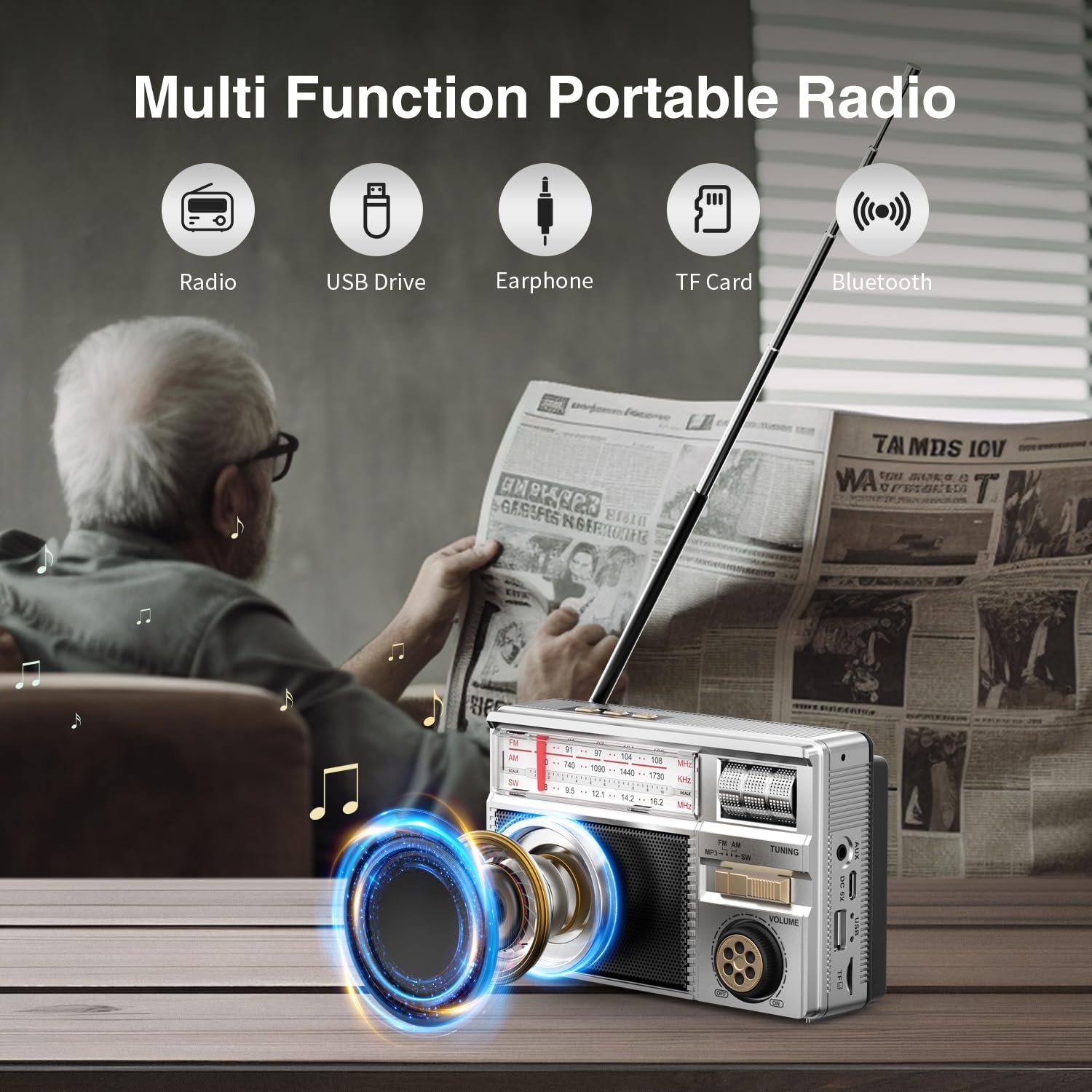 Radio Portatile AM/FM/SW Radio Ricaricabile Solare/USB-C, Piccolo Radio Transistor con Altoparlante Bluetooth, Lettore TF/USB/AUX Per Famiglia, Outdoor e Giardino