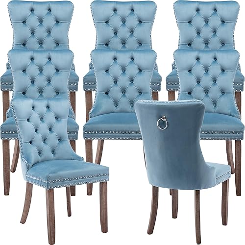 Miniatura 49 de Juego de 2 sillas de cocina y comedor de terciopelo, respaldo exterior capitoné, tapizadas en terciopelo, estructura de madera maciza (celeste, 2