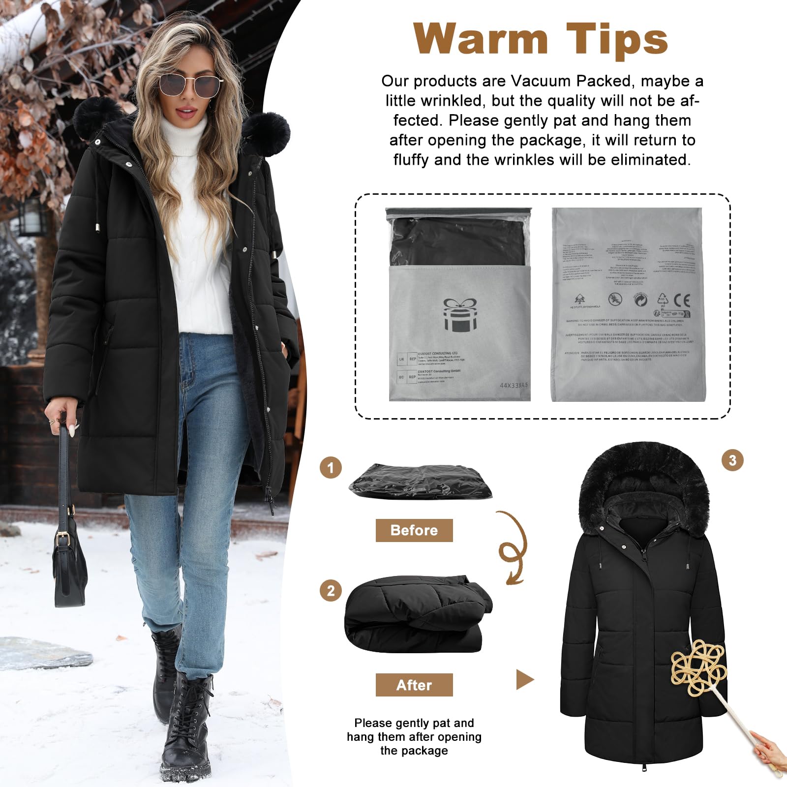 Tuopuda Abrigo Parka Mujer Largo con Capucha de piel Abrigo Gruesa para Mujer Chaqueta de Invierno con Bolsillos Chaqueta de Cremallera Abrigo Resistente al Viento