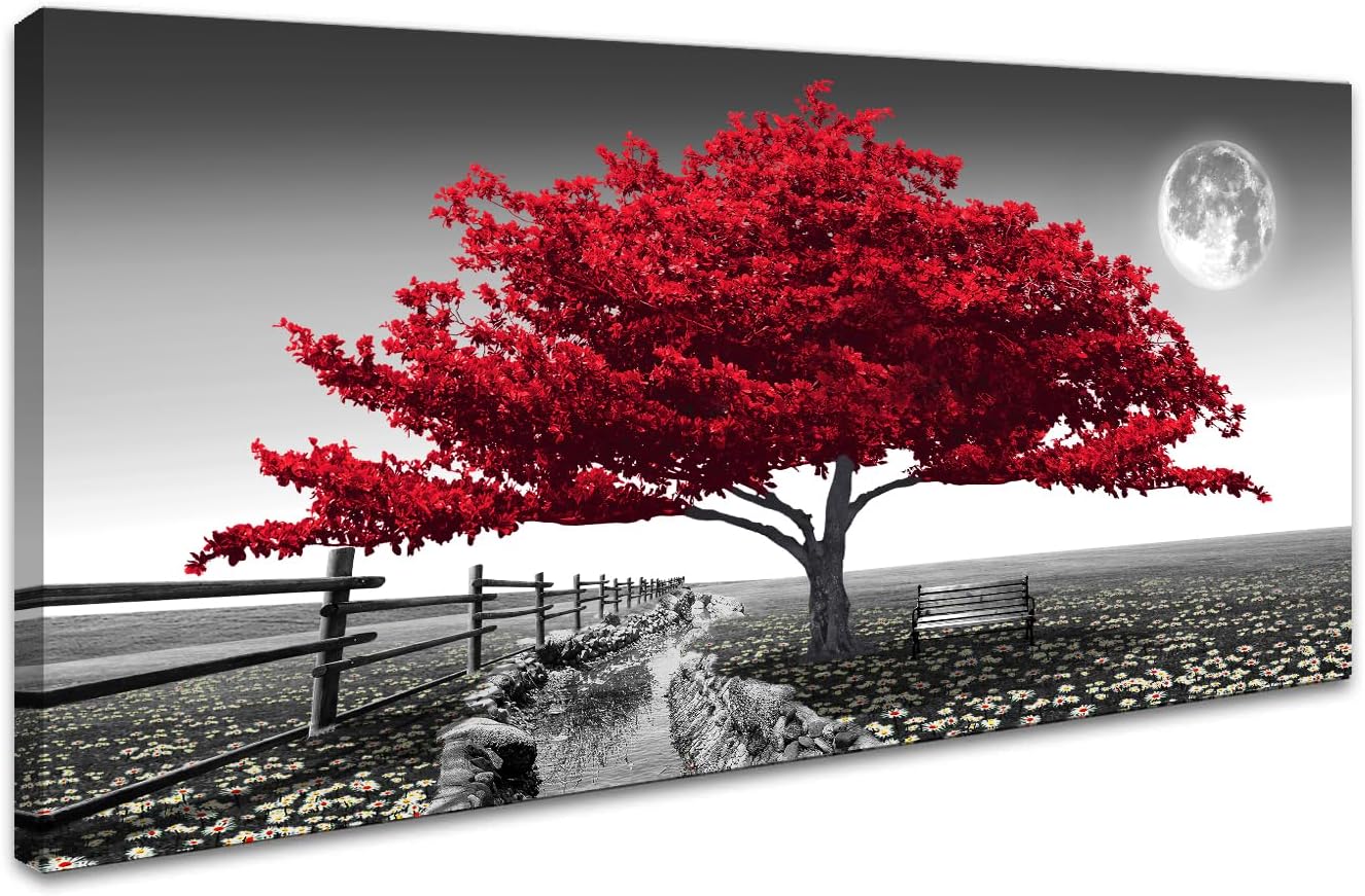 JLXART Wall Art for living Room Landscape Red Tree Canvas Wall Art Modern art decor Canvas print Artwork Contemporary Nature Pictures Painting Giclee Prints Framed Ready to Hang,20x40inch