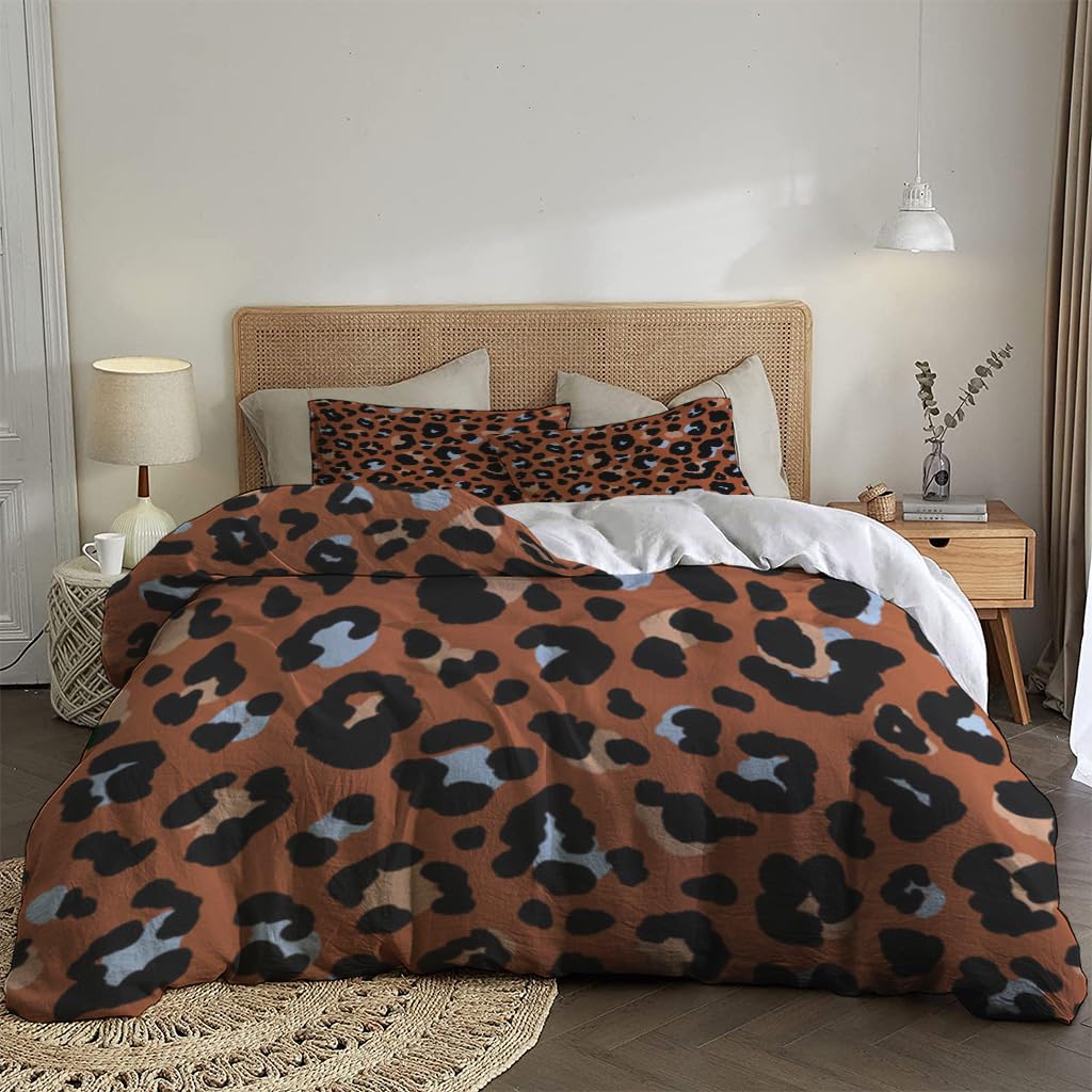 NIBAINLO 布団カバー抽象的-ヒョウ柄-黒青茶色 肌に優しい ピーチスキン加工 掛け布団カバー 和式 洋式 あったか 布団カバーセット リバーシブル ホームステイ ホテル 家庭兼用