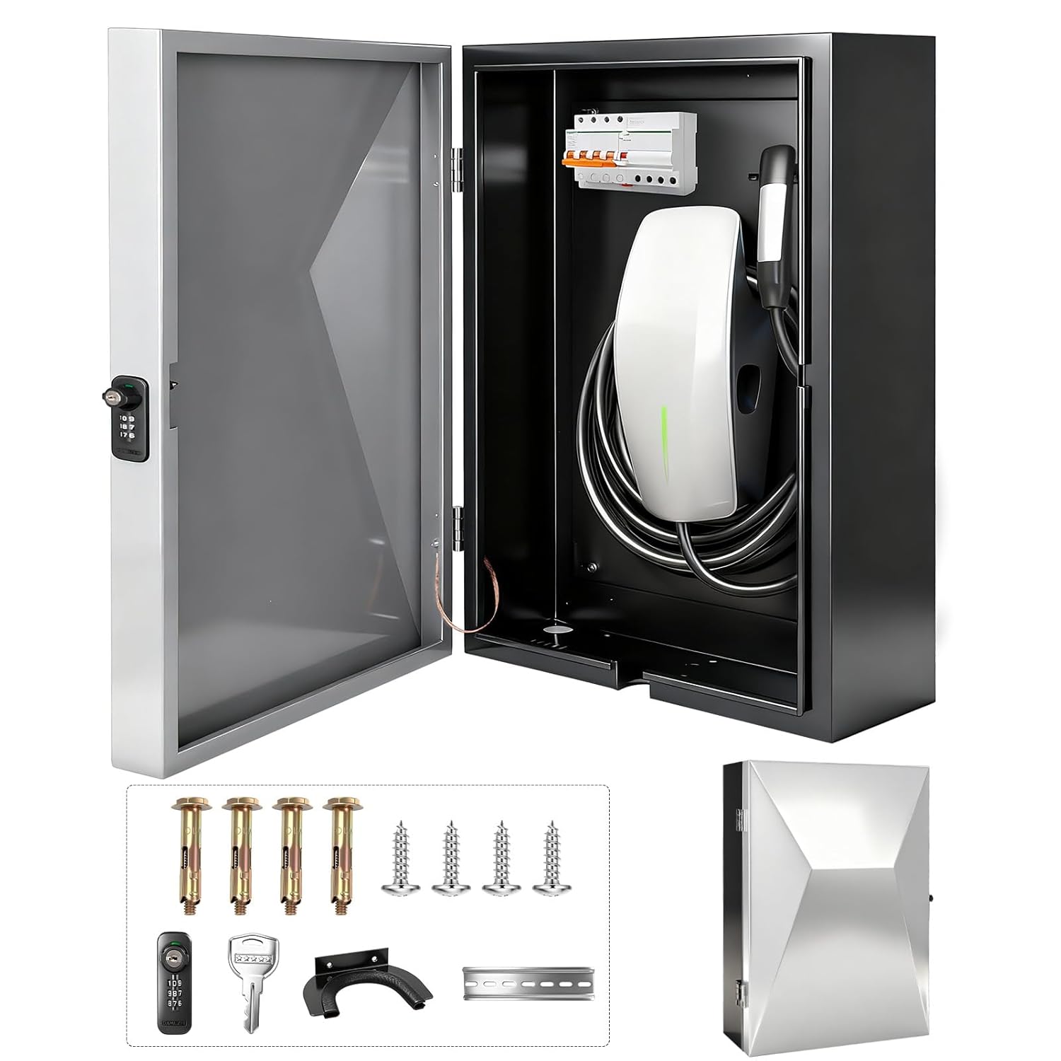 Wall-Mounted Charger and Charging Boxes with Brackets for Tesla Model Y, Juniper 3, S, and X. Electric Vehicle Charging Cover, Rainproof Design, Easy Installation, Silver-White.