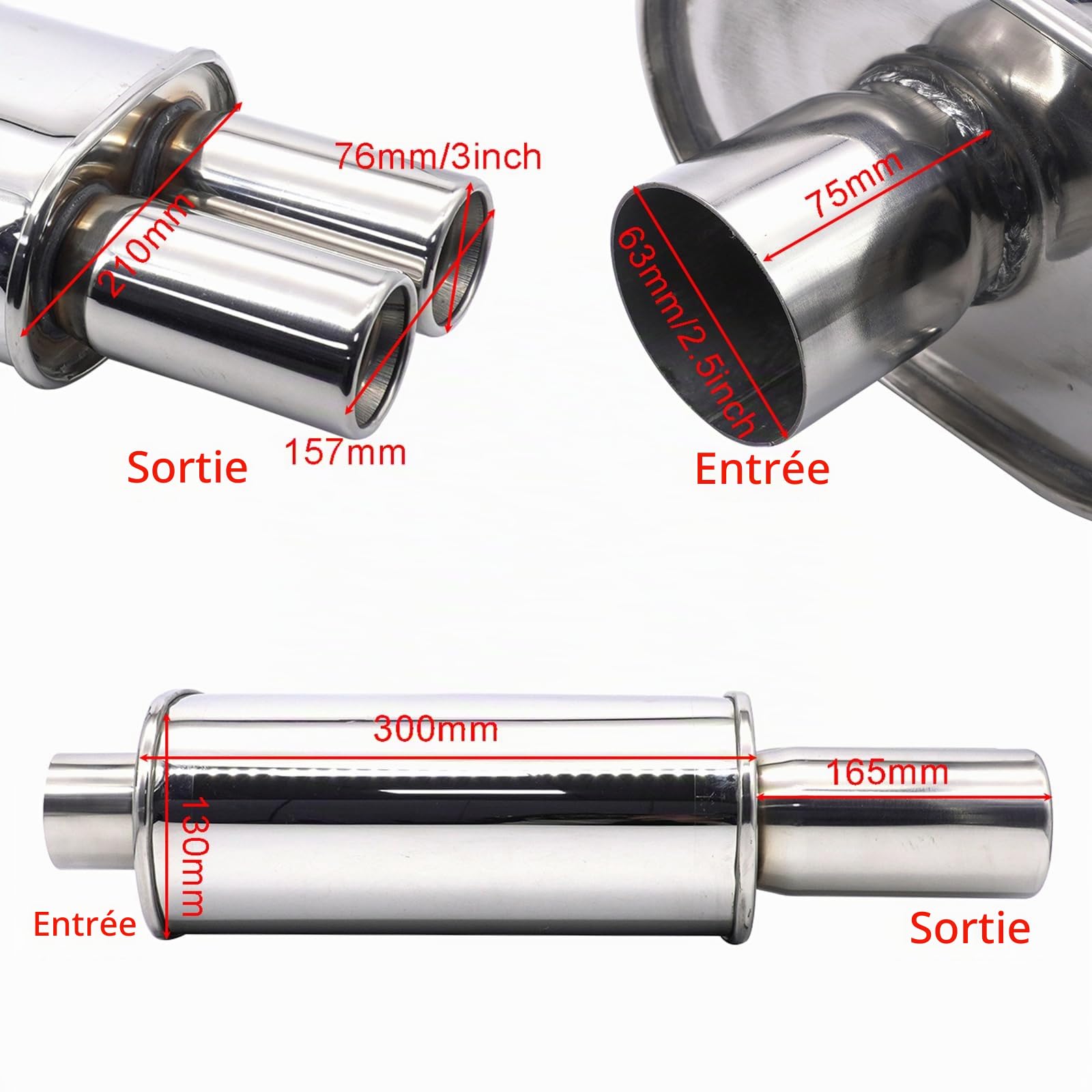 2,5 Pouces(63MM) Entrée Simple Silencieux d'échappement / 3 Pouces (73MM) Double Sortie Argent Silencieux de Voiture en Acier Inoxydable Double Embout