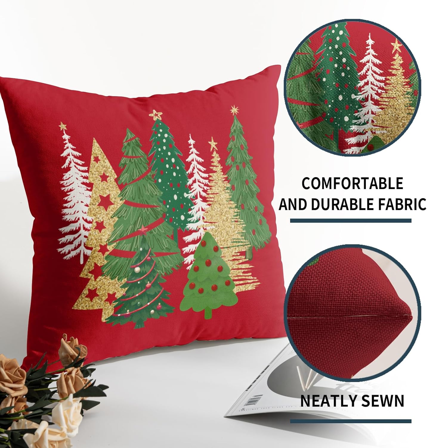 Red Christmas Pillow Covers 24x24 Set of 2 Green Gold White Xmas Tree Print Decorative Throw Pillows Outdoor Farmhouse Holiday Decoration Pillowcases Cushion Case Decor for Home Sofa Couch Bed
