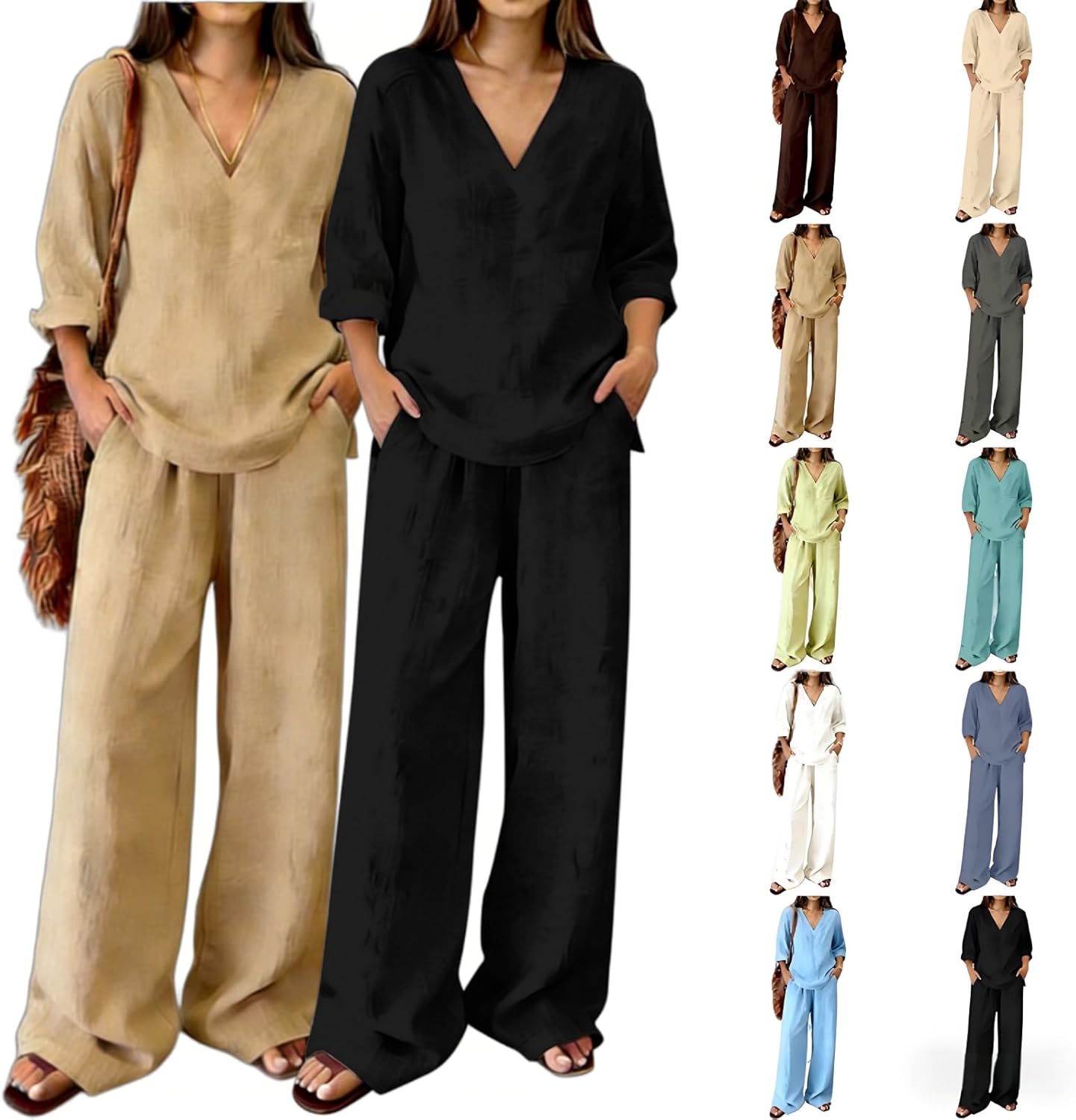 Linen Sets for Women 2 Piece 2026 Summer Casual Lounge Sets V Neck Long Sleeve Shirts and Wide Leg Pants Beach Outfits