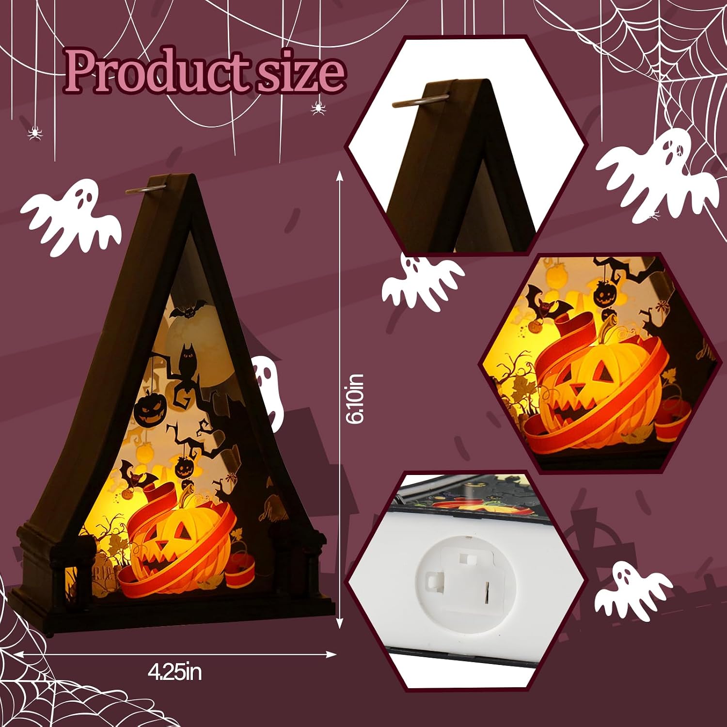 ABTOLS 2pcs Halloween Lantern, Halloween Decor Black Lantern Lights Mini Triangle Shape Halloween Spooky Pumpkin Castle Bat Tree Candle Jack-o'-Lantern for Indoor Outdoor Table Decorations