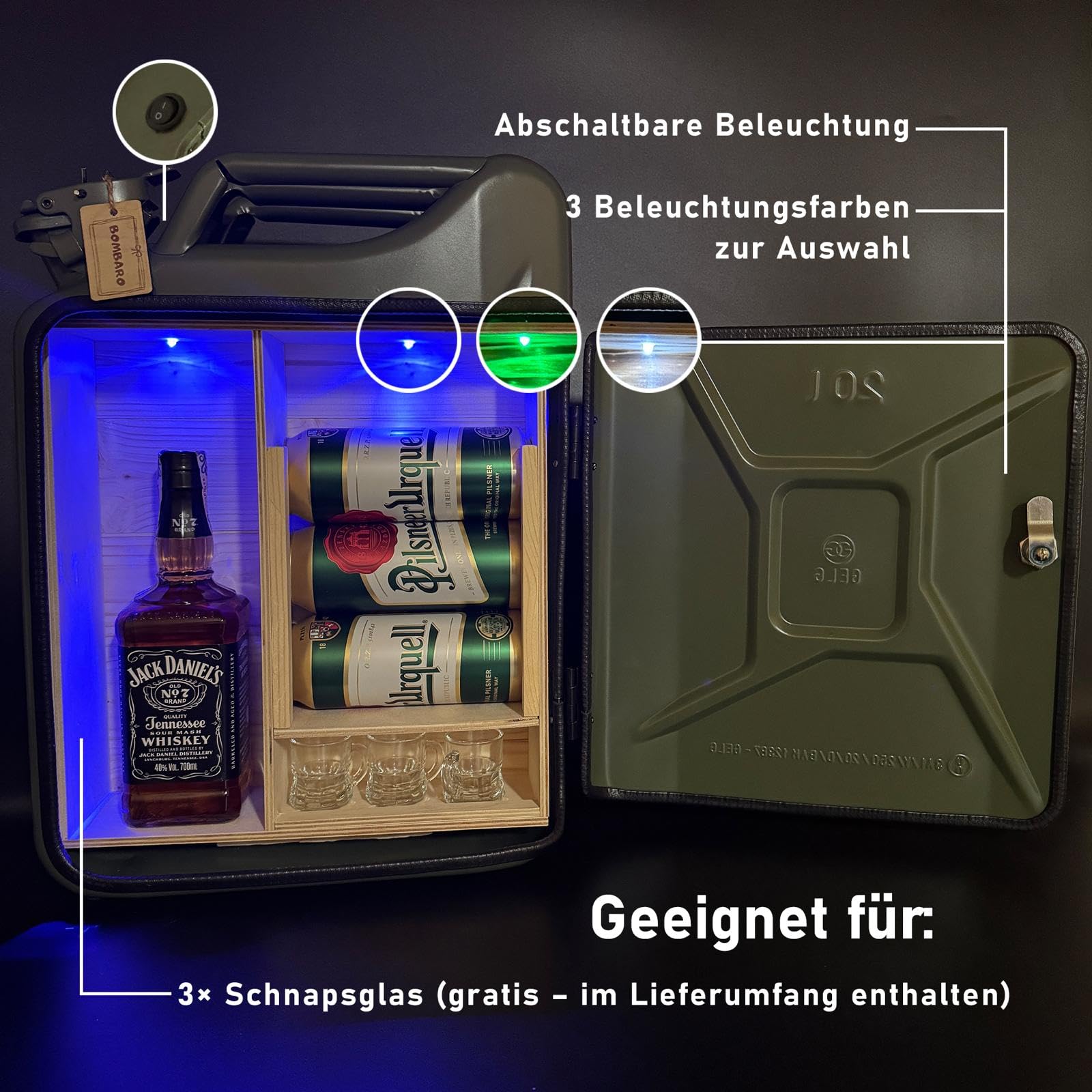 20L Kanister Mini Bar Premium I Maximal personalisierbar mit Gravur & LED Beleuchtung I 3 Gläser I Jerrycan I Mobile Kanister Bar Geschenk für Männer I Abschließbare Minibar I Bier Geschenk