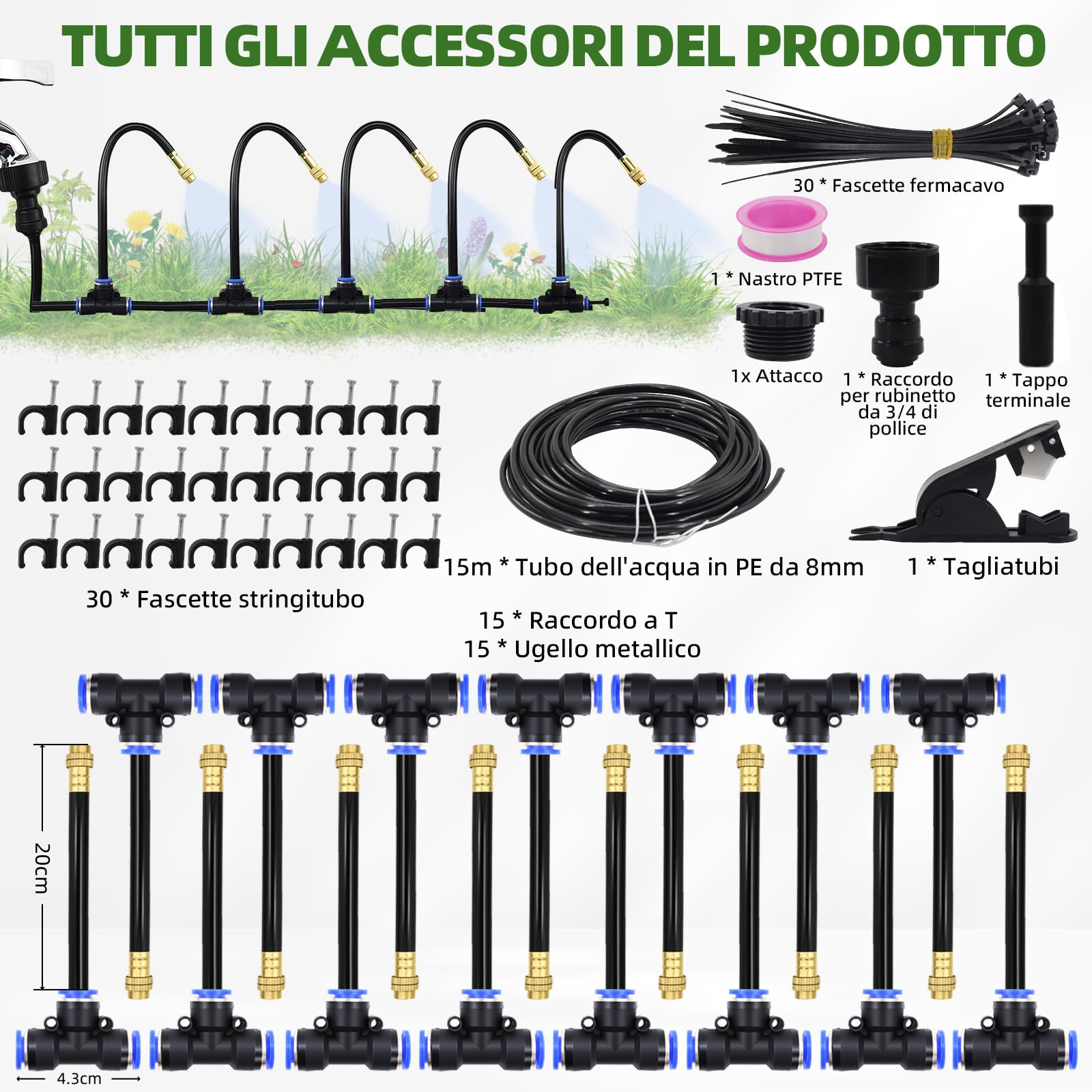 Set di sistemi di irrigazione – 15 metri con micro irrigatori girevoli a 360°, adatto per l'irrigazione automatica e uniforme di giardini da balcone, serre, piante in vaso e prati.