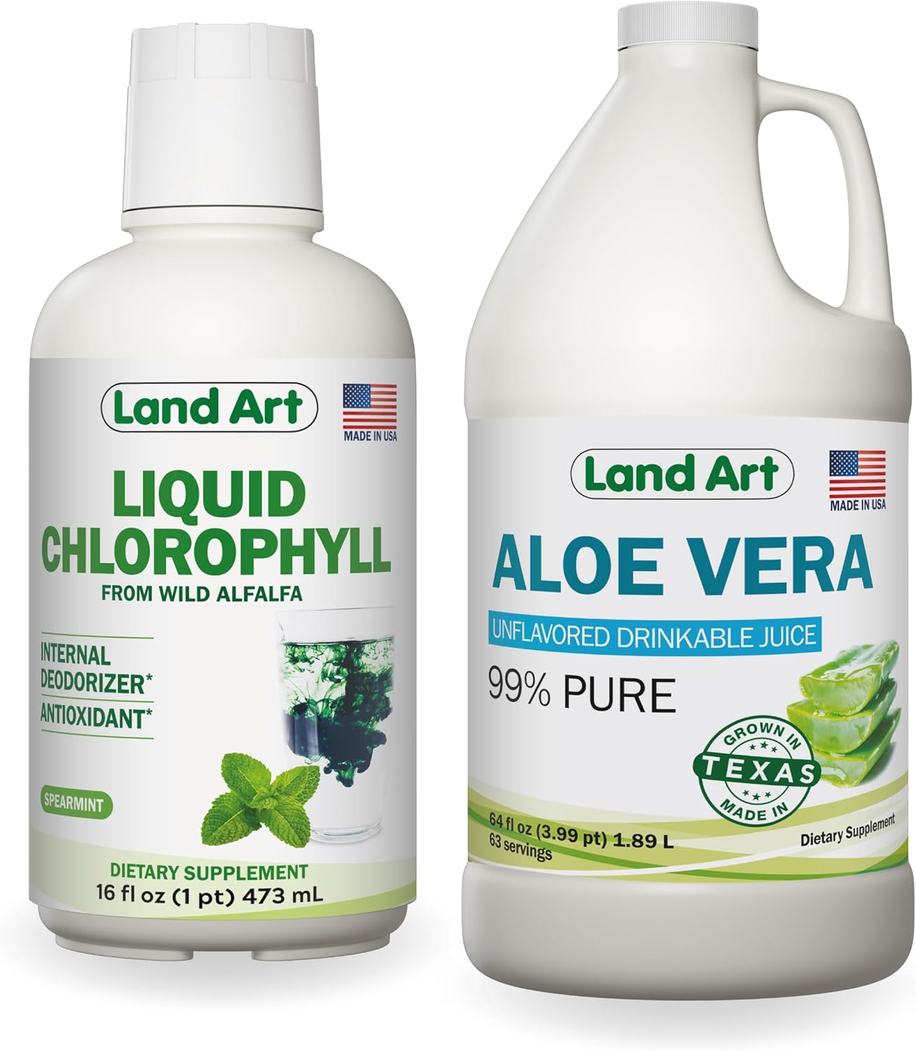 Land Art Pure Aloe Vera Juice Unflavored 64 fl oz + Liquid Chlorophyll Mint Flavored 16 fl oz