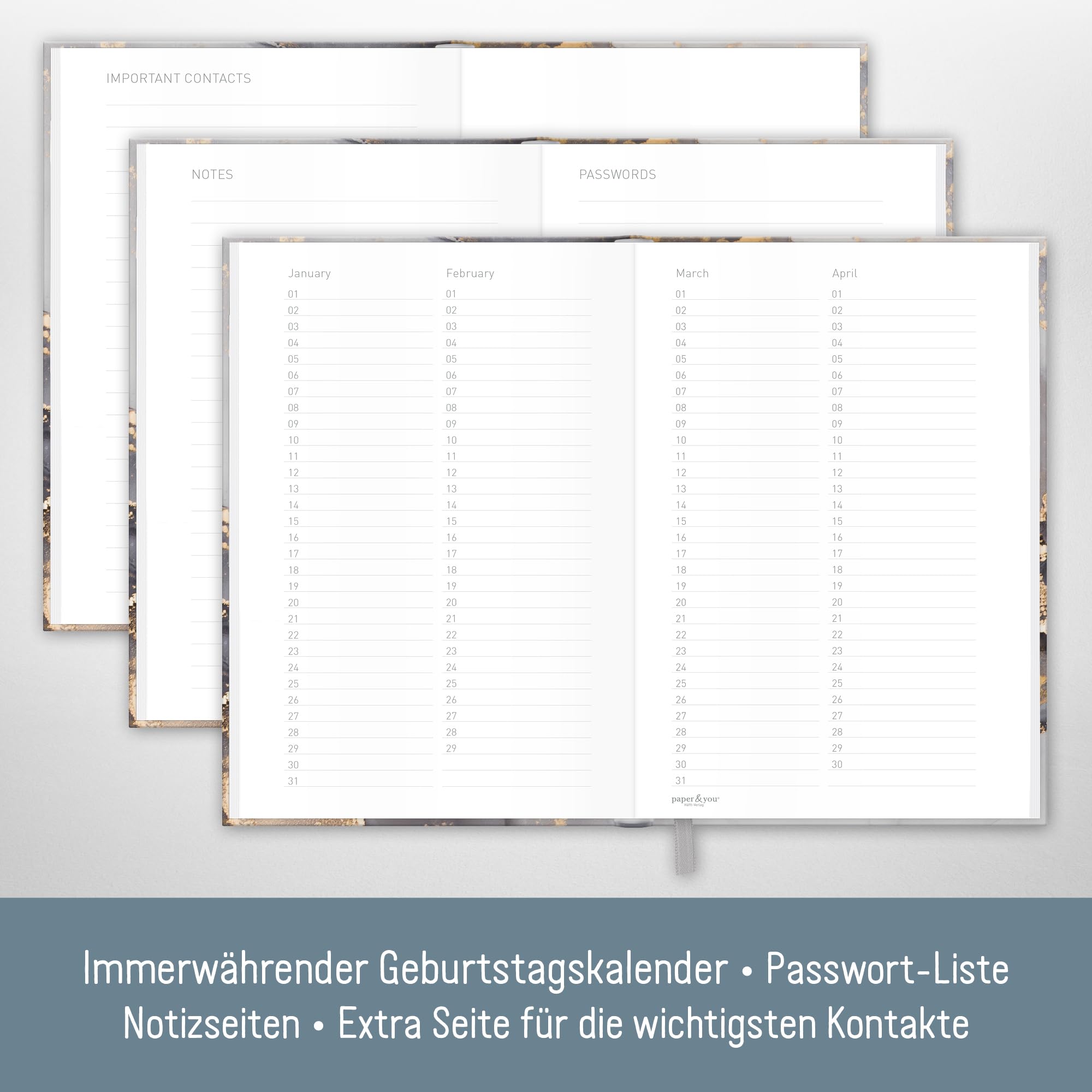 Paper&You® Address Book A6+ with A-Z Index and 120 g/m² Premium-Paper "Grey Marble" for Contacts Birthdays & passwords - Image 4