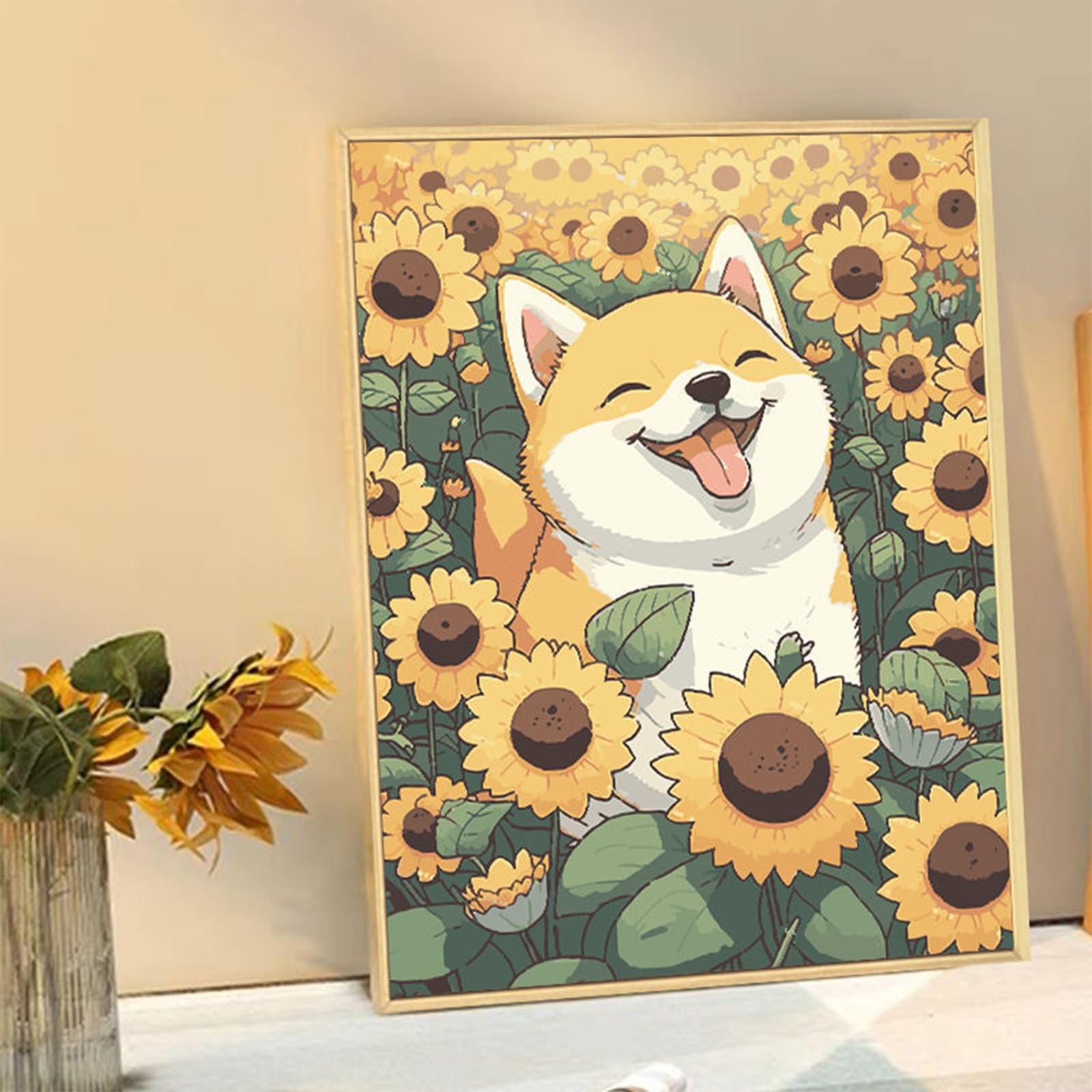Amazon｜ひまわり 子犬 背景吊り下げ絵画 墙画 かわいい犬 癒し系 