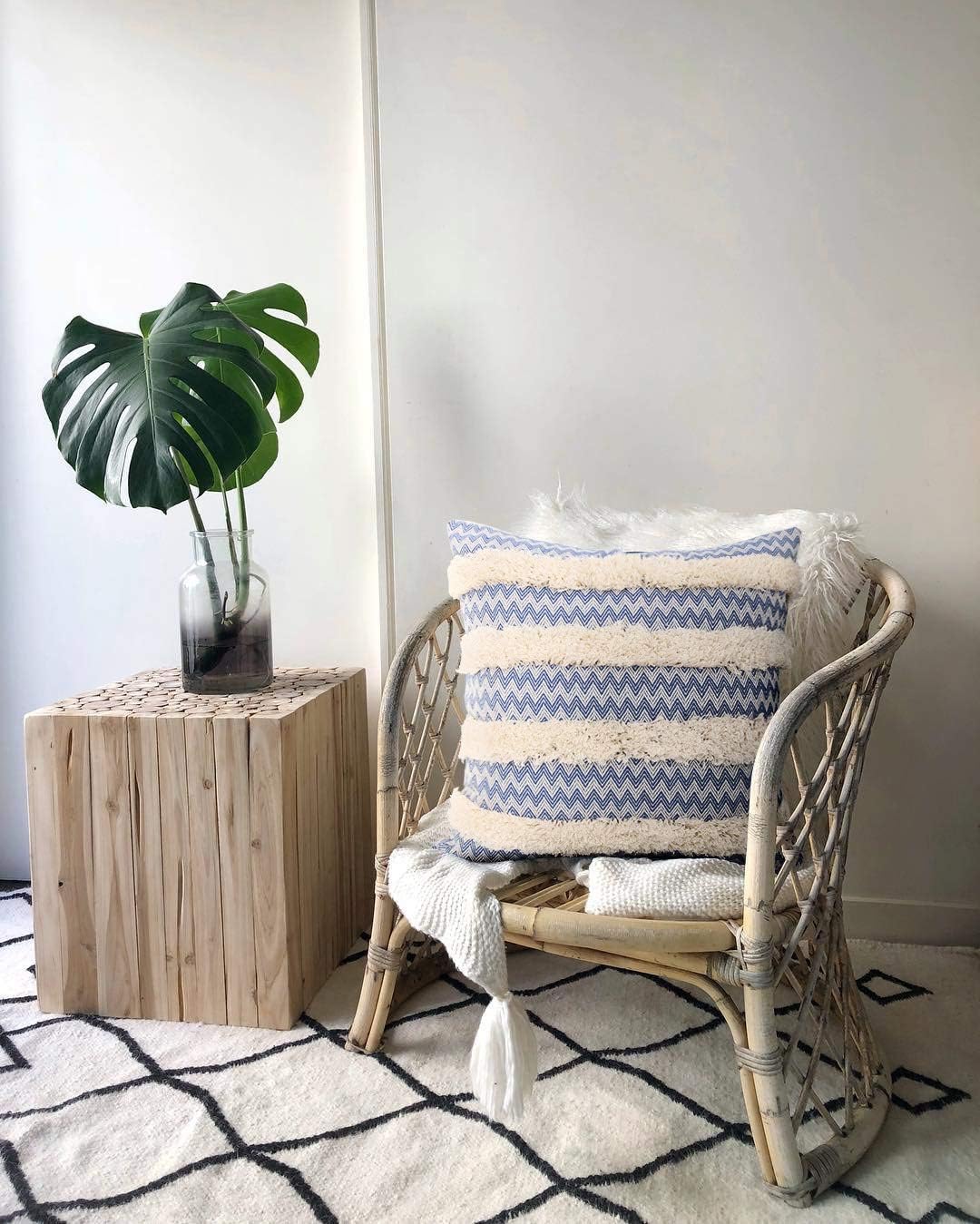 cygnus Boho Decorative Tufted Throw Pillow Covers Cotton Woven Modern Wave Geometric Textured Morocco Tribal Farmhouse Case for Couch Sofa 18x18 inch,Blue and Cream
