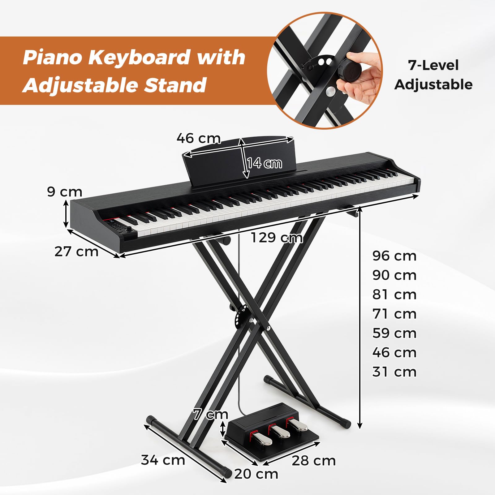 Piano Digitale a 88 Tasti, Tastiera Elettrica Semipesata di Misura Completa con Supporto Regolabile, Tre Pedali, Doppie Casse (Black)