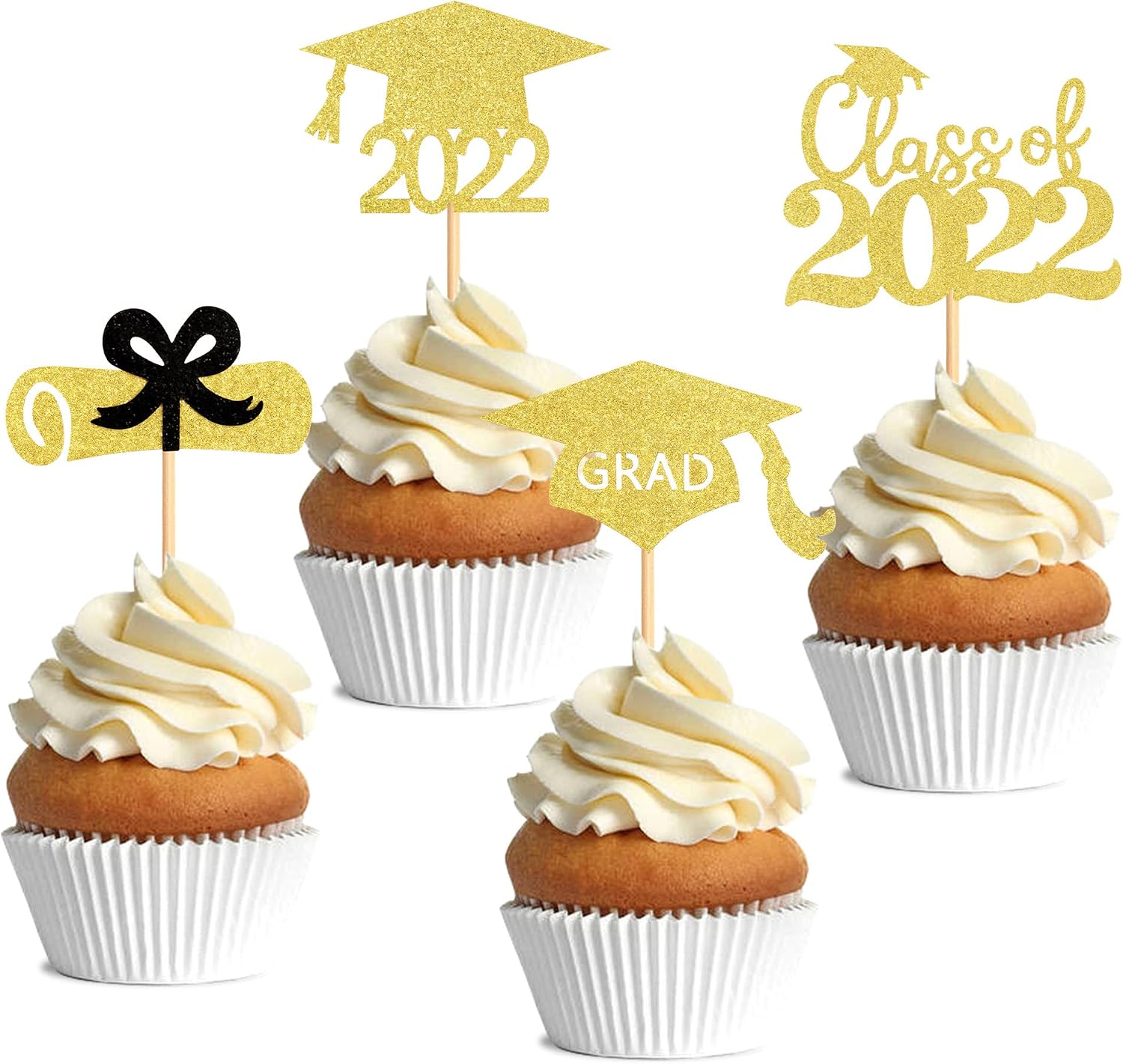 Blumomon 24Pcs Black Glitter Congrats Grad Cake Topper 2021 Graduation