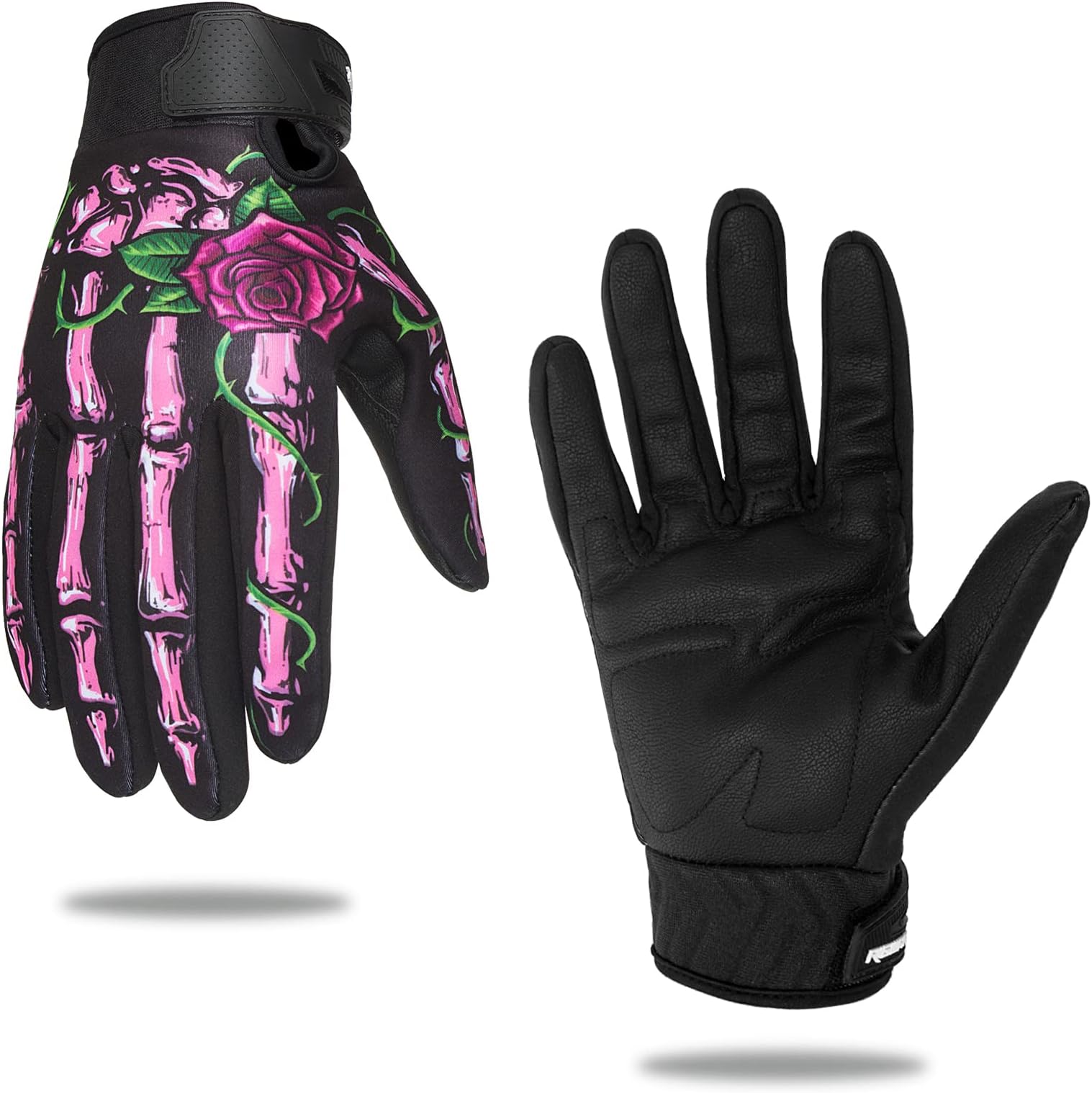 RIGWARLLeather Motorcycle Gloves Winter Fleece, Ten-Finger Touchscreen Mountain Bike Thick Gloves for Men and Women, Warm Skeleton Skull Gloves for Riding Bike BMX ATV MTB Cycling