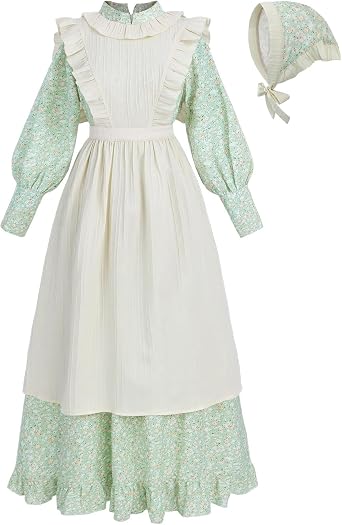 CR ROLECOS Pioneer Dress Women Colonial Amish Outfit Bonnet Apron | Colonial pioneer prairie Amish maid dress with bonnet & apron, historical costume for women