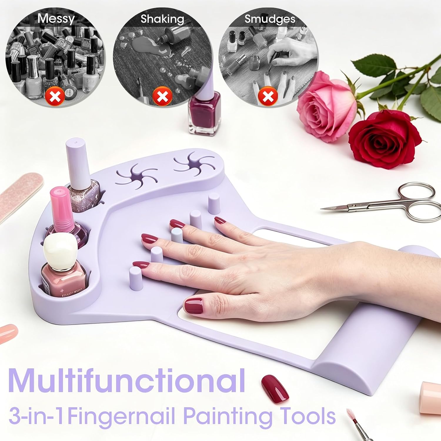 3-in-1 Silicone Nail Arm Rest & Nail Polish Holder (Purple) | Hand Rest Mat for Manicure Pedicure,with Anti-Spill Bottle Stand & Finger Separators for Nail Art Fingernail Painting Tools