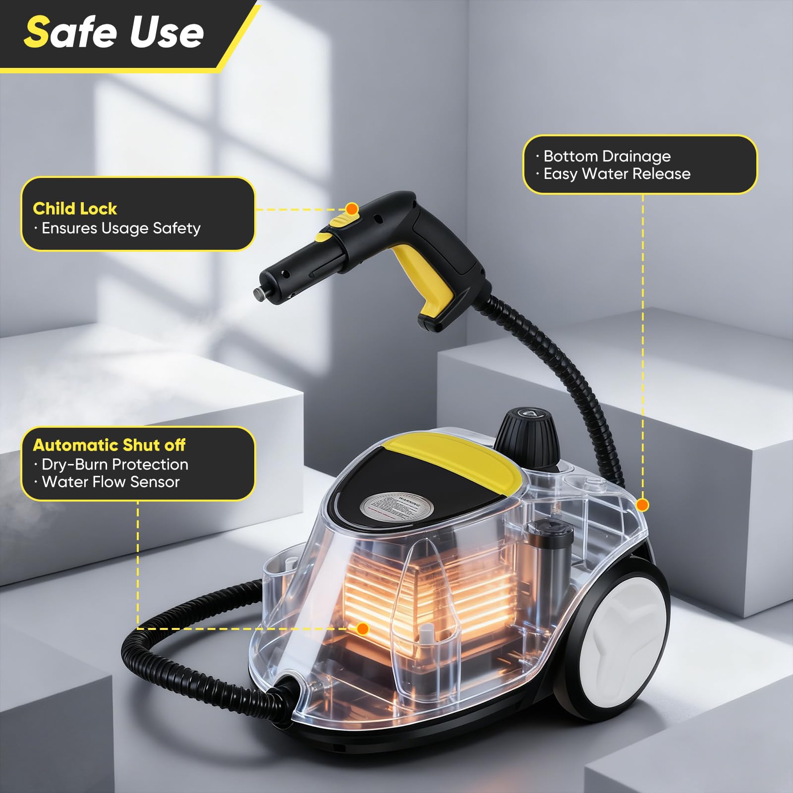 Limpiador de Vapor 2100W 2,1L Acero Inoxidable 304 Presión 5 Bares 105°C