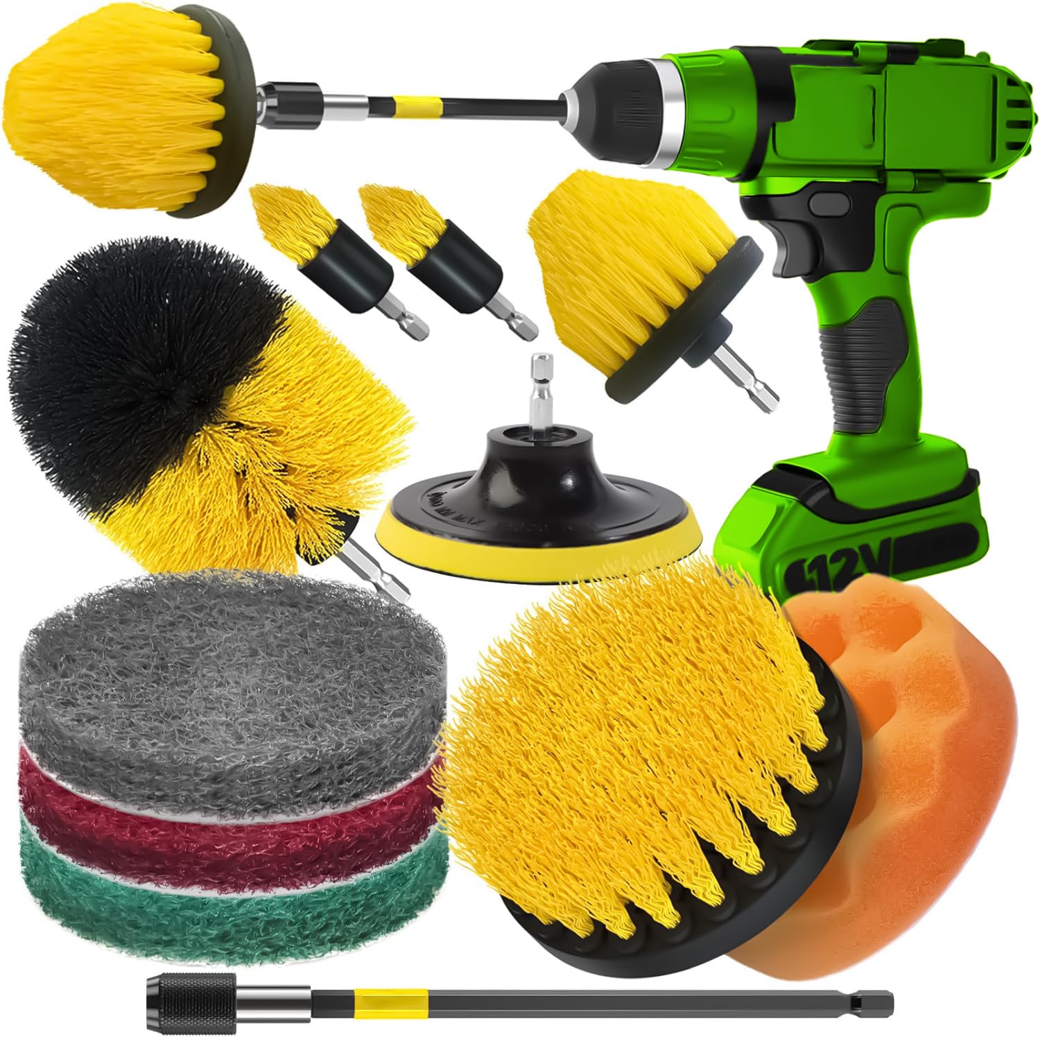 Drill Brush Set Buffing Pads and Power Scrubber Brush with Extend Long Attachment Cleaning Supplies，Shower Scrub, Scratch Brushes Car Polishing Pad Kits, All Purpose Clean (11 Pcs) (B0DGKP684P) Amazon Price History, Amazon Price Tracker