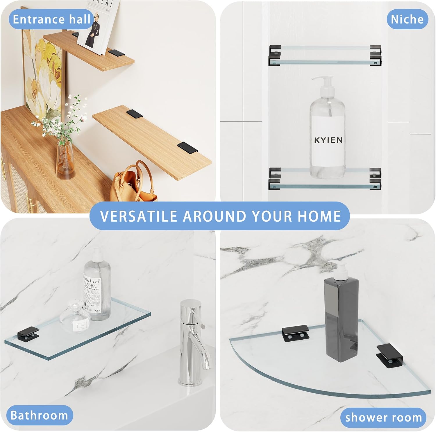 4Pcs 304 Stainless Steel Glass Shelf Clip Clamp Bracket Support Matte Black Adjustable Glass Clip Shelf Brackets Holder Support 0.3" to 0.5"/ 8 to 12mm Thick image 5