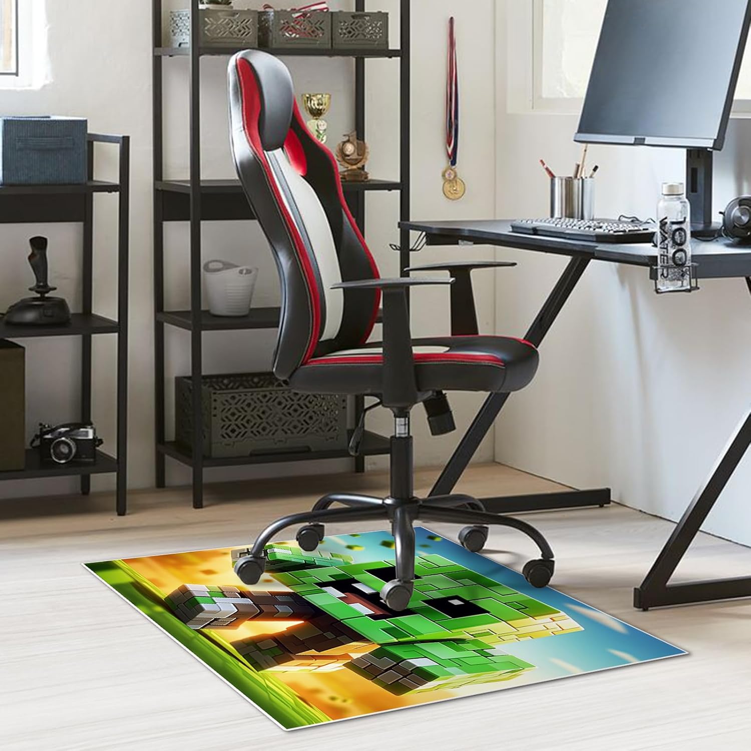 Cube Block Square Area Rug, Funny Green Cube Man with Eyes and Mouth Video Game Decorations Rug Chair Mat, Indoor Floor Mat for Playroom Living Room and Bedroom, Home Decor Kids Room(39 x 39 Inches)