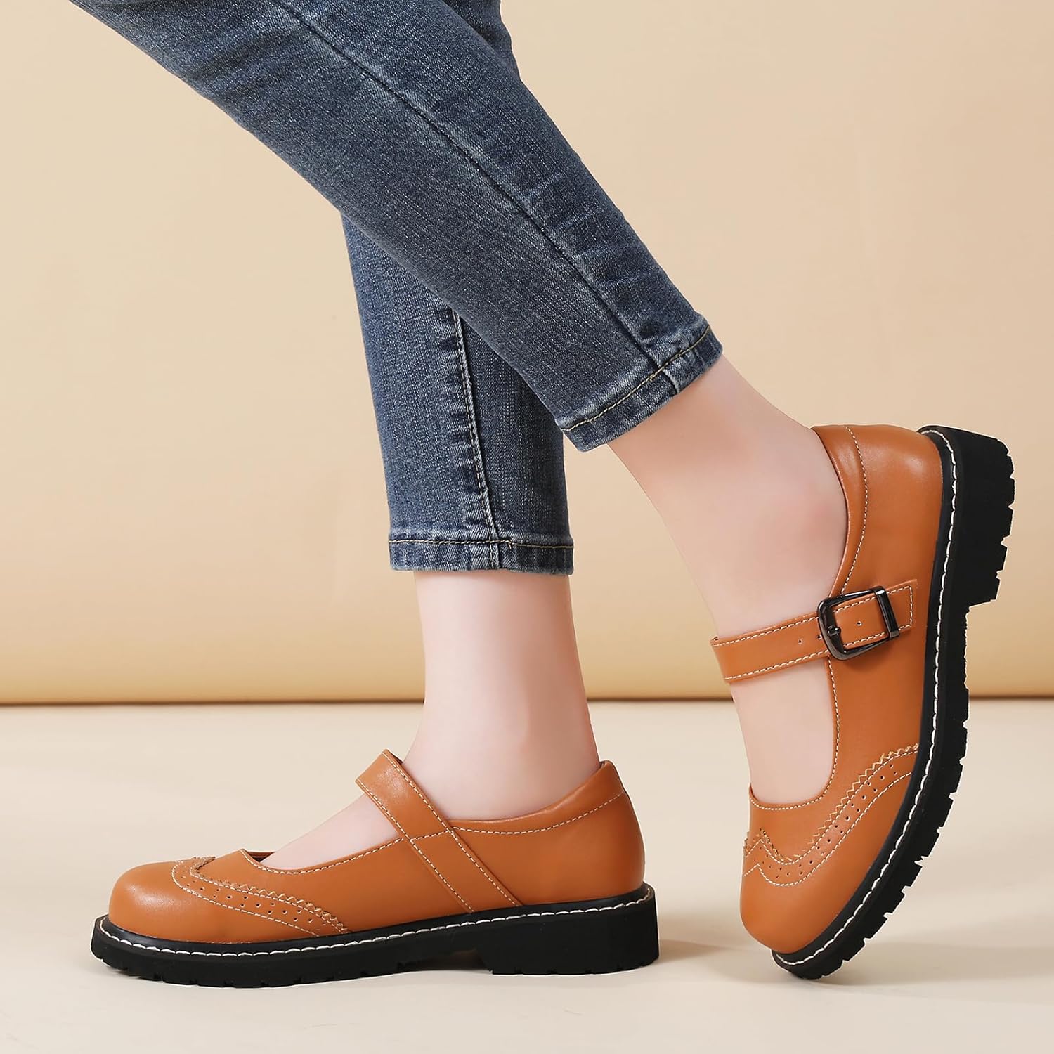 Mary Jane Shoes Women Platform Non-Slip Classics Round Toe Ankle Strap Brogue Style Comfort Casual Oxford Dress Work Mary Jane Flat Shoes - Image 7