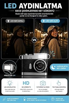 Ezere PixCam Vintage Taşınabilir Mini Dijital Kamera Selfie Video Vlog Kamerası Mini Anahtarlık, SIYAH