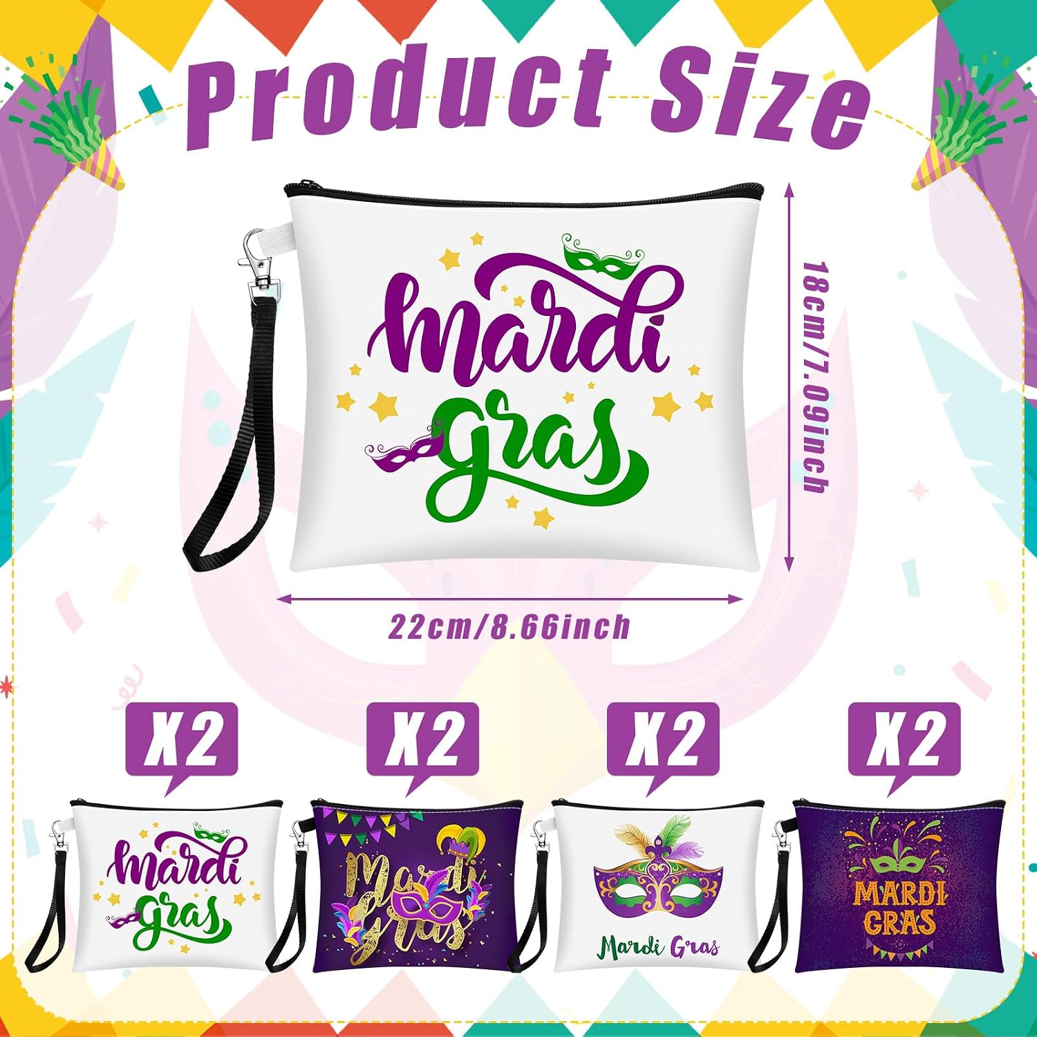 Shinylin 8 Pcs Mardi Gras Makeup Bag Pouch Portable Masquerade Parades Cosmetic Bag Funny Canvas Mardi Gras Gift Toiletry Pouch for Travel Women Girls Carnival Gift