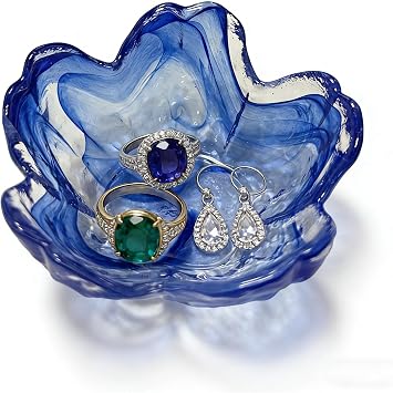 Glass Ring Dish, Cute Blue Flower Jewlery Tray, Small Ring Holder Jewelry Dish, Decor Vanity Bathroom Nightstand Jewelry Plate Trinket Bowl for Women Friendship Birthday Gifts for Mom