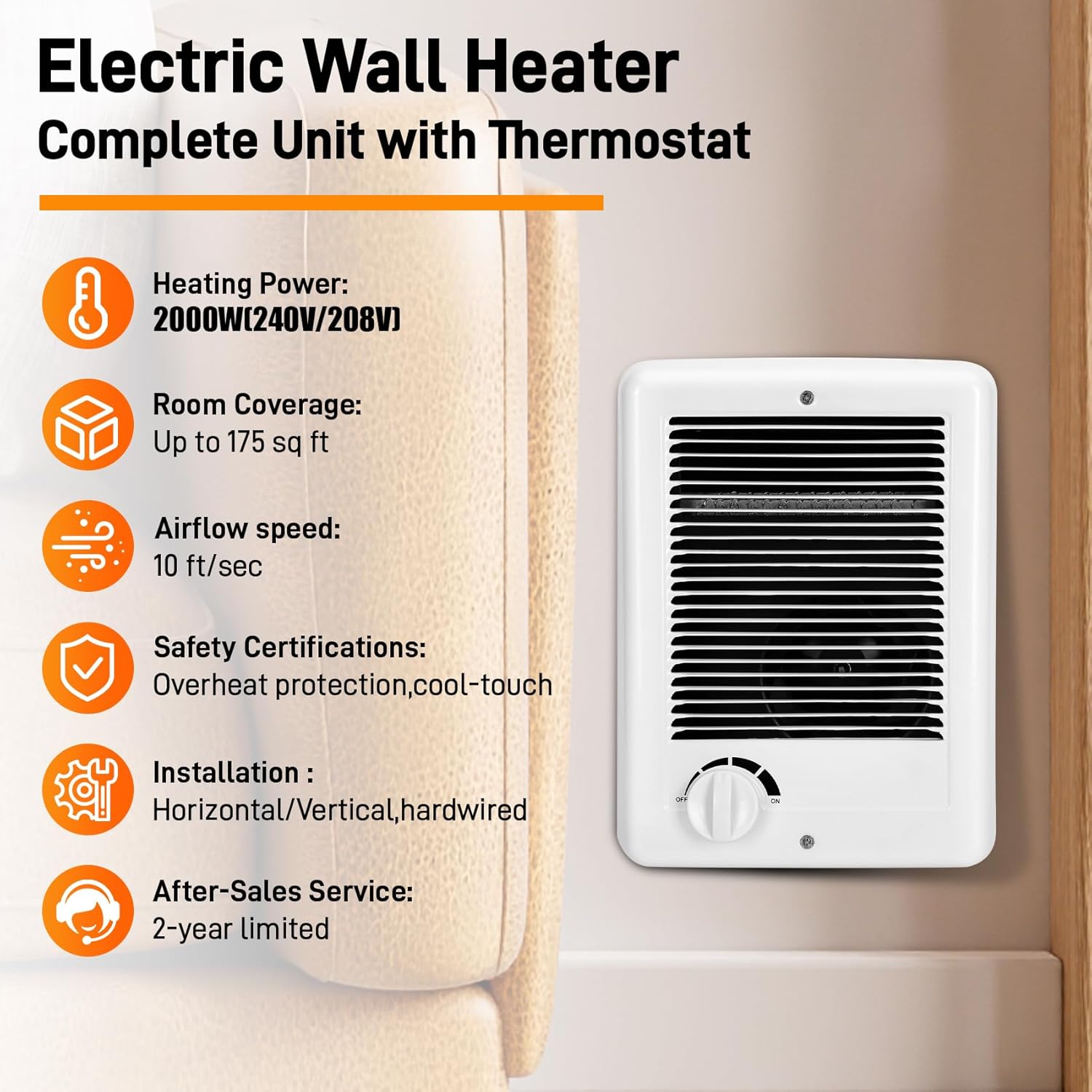 New Upgrade CSC202TW Electric Wall Heater - Fast & Efficient Heating with Built-in Thermostat, 2000W/240V, 6825 BTU, Complete Unit, White